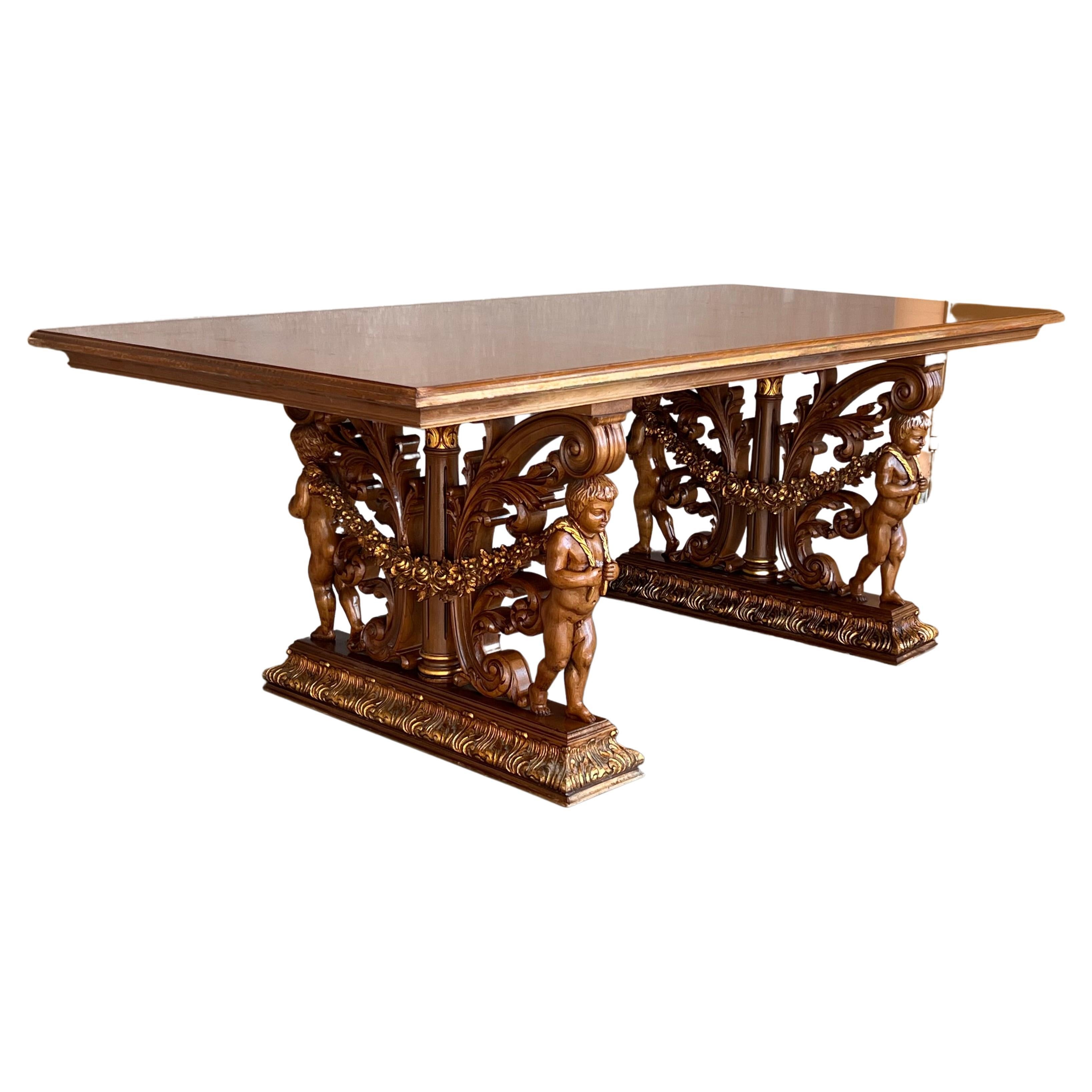 Table de centre de table ou de salle à manger en marqueterie de chêne blanchi sculptée du début du XXe siècle