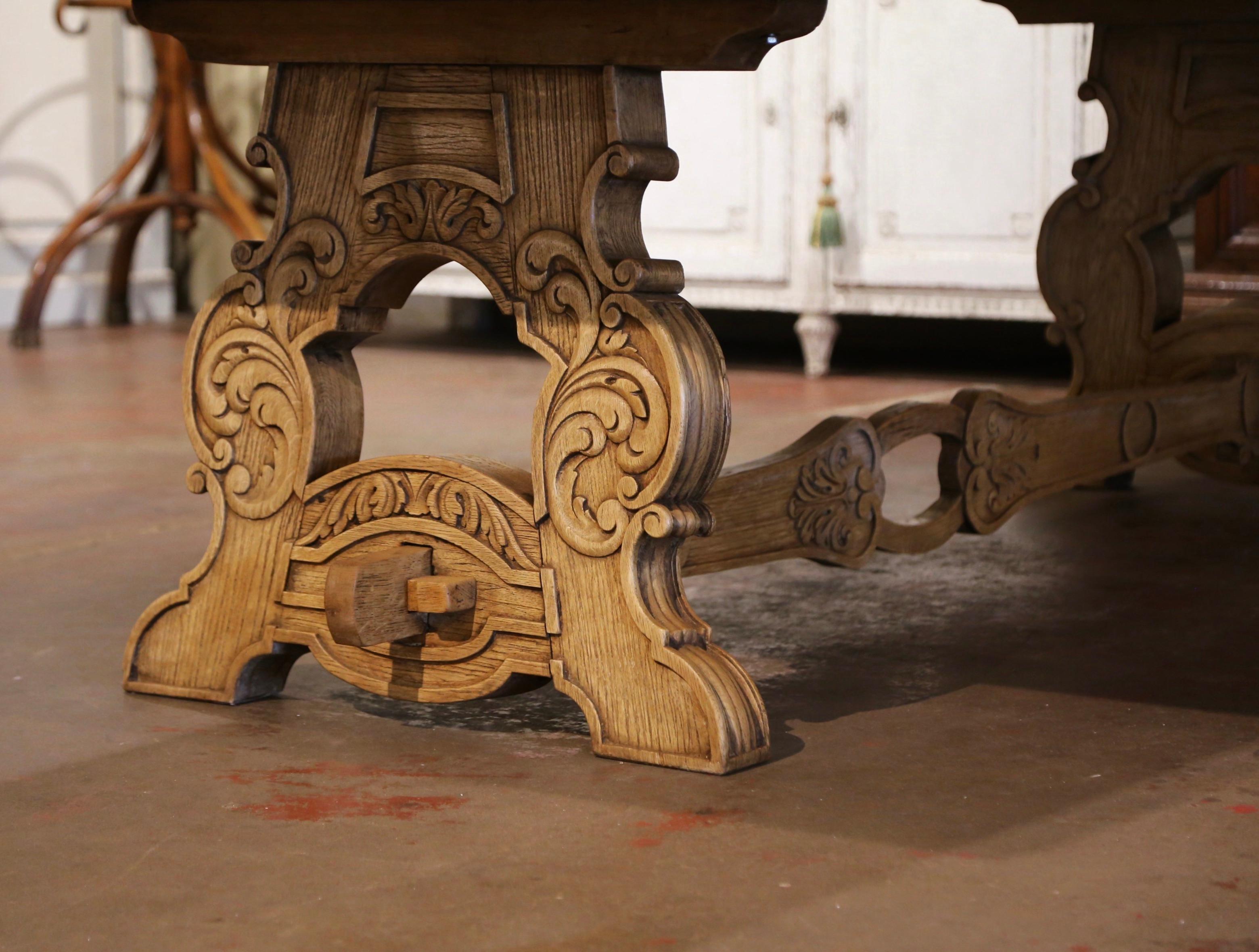 Early 20th Century French Carved Bleached Oak Marquetry Trestle Dining Table 6