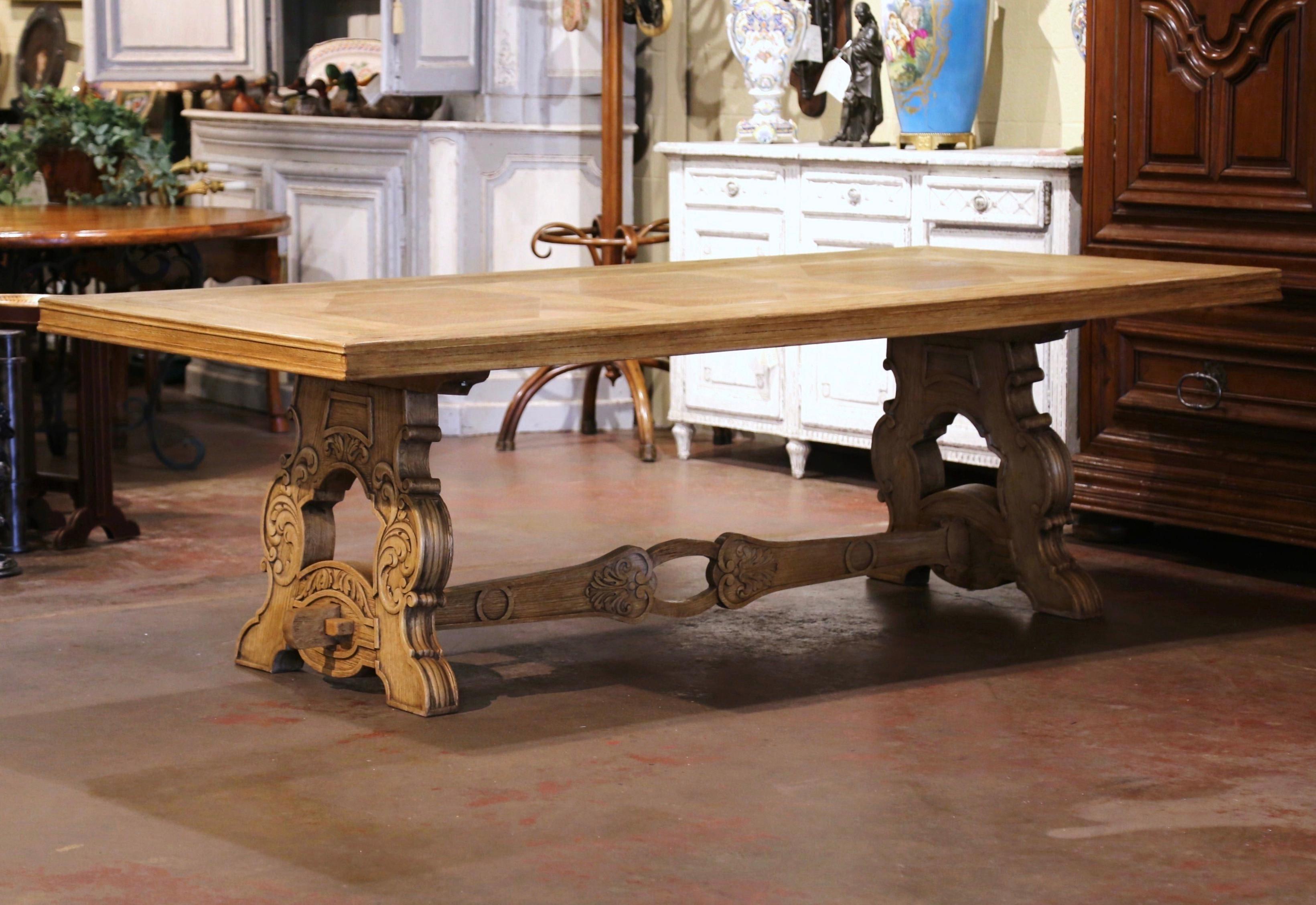 Early 20th Century French Carved Bleached Oak Marquetry Trestle Dining Table 7