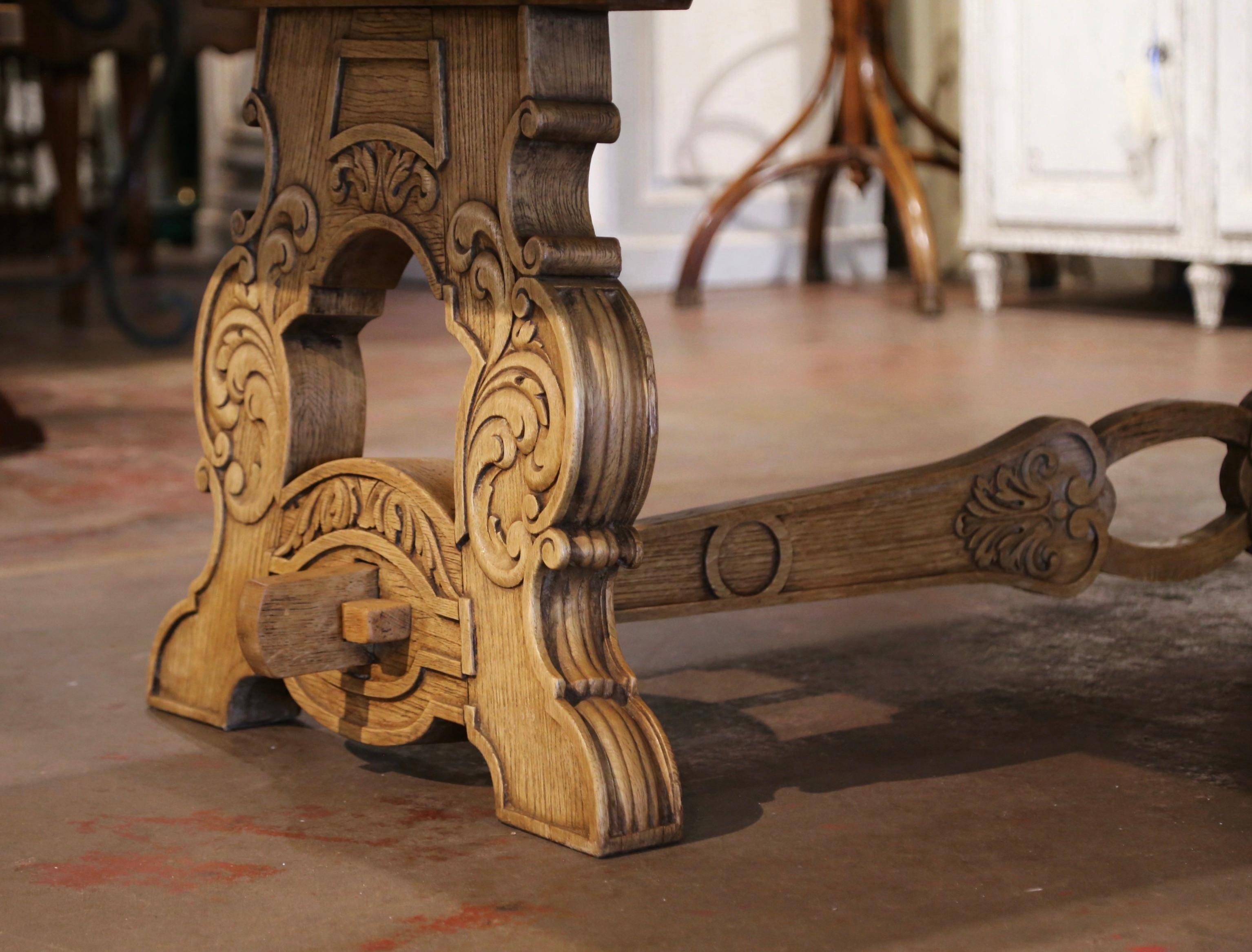 Early 20th Century French Carved Bleached Oak Marquetry Trestle Dining Table 10