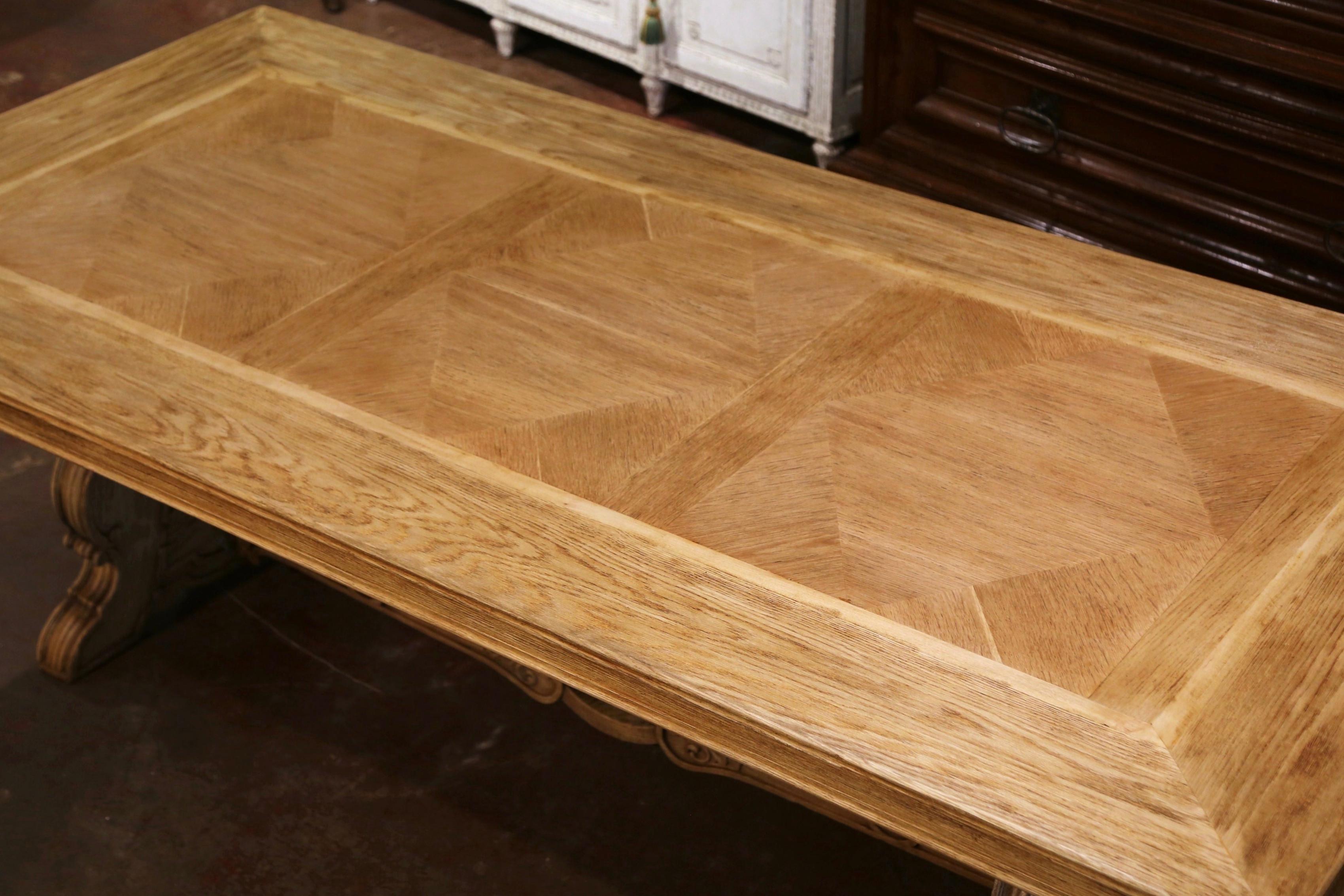 Early 20th Century French Carved Bleached Oak Marquetry Trestle Dining Table In Excellent Condition In Dallas, TX