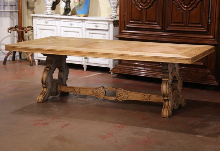 Early 20th Century French Carved Bleached Oak Marquetry Trestle Dining Table For Sale 1