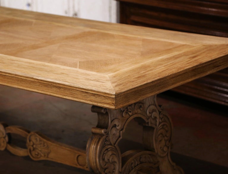 Early 20th Century French Carved Bleached Oak Marquetry Trestle Dining Table For Sale 2