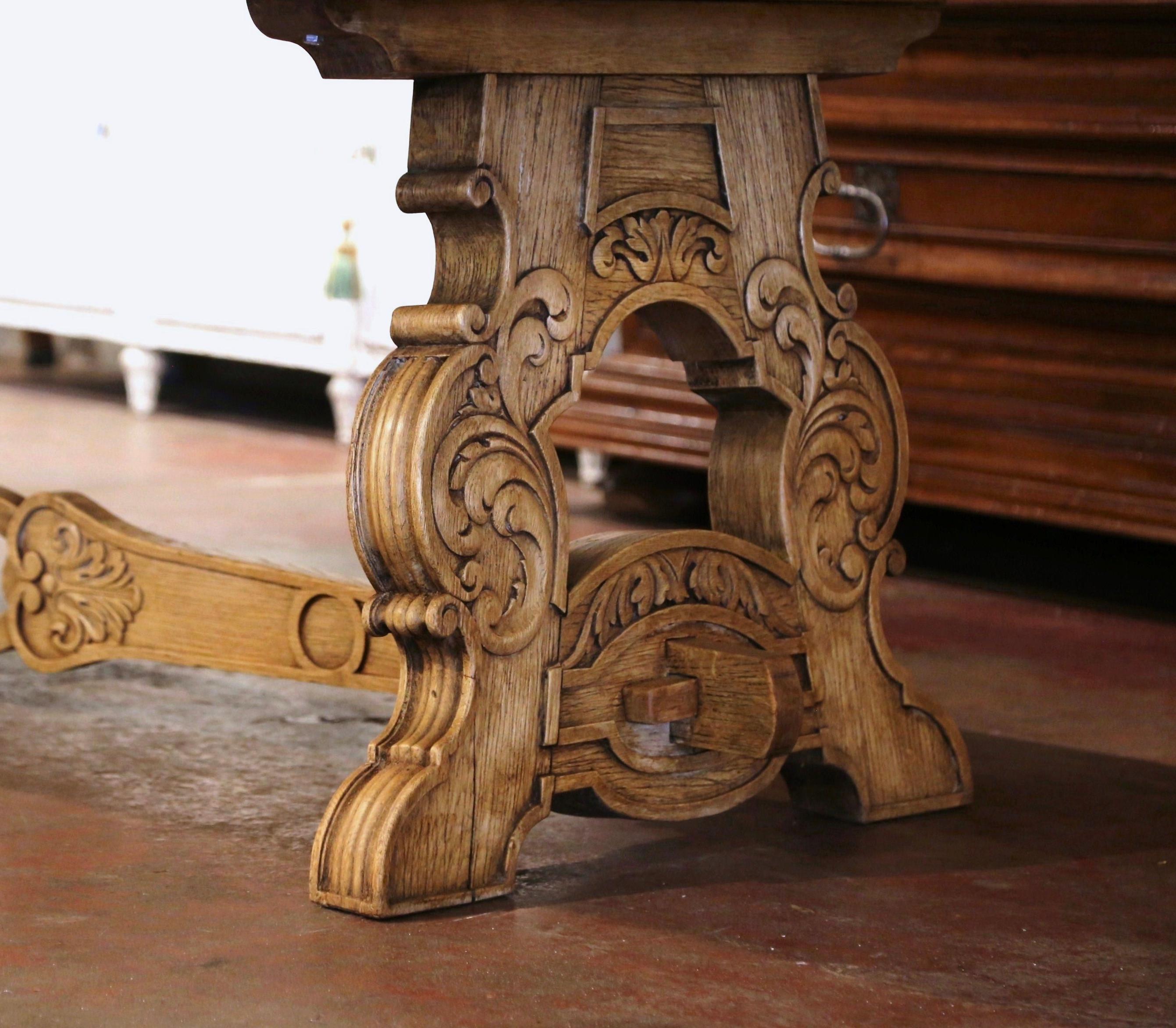 Early 20th Century French Carved Bleached Oak Marquetry Trestle Dining Table 3