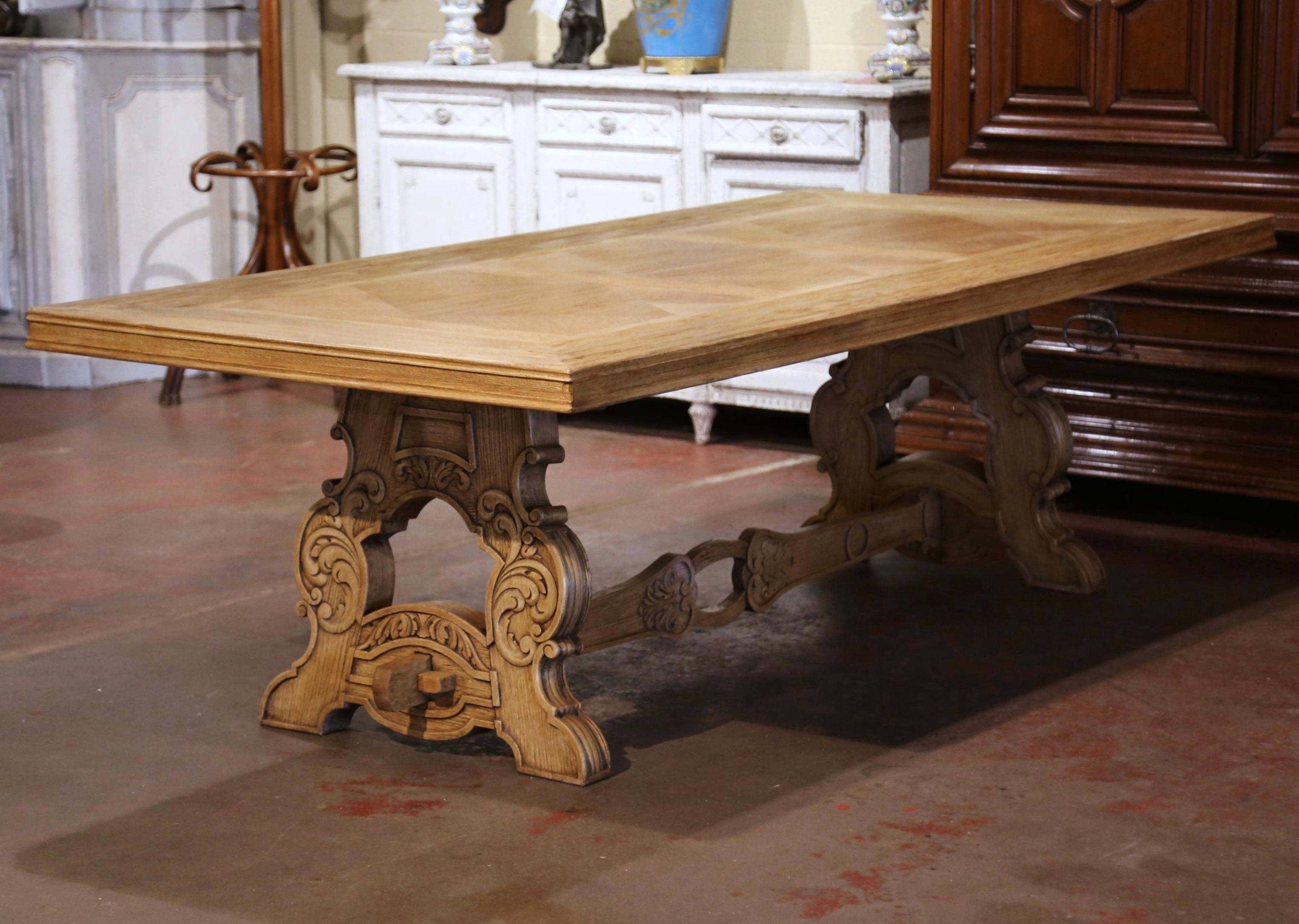 Early 20th Century French Carved Bleached Oak Marquetry Trestle Dining Table 4