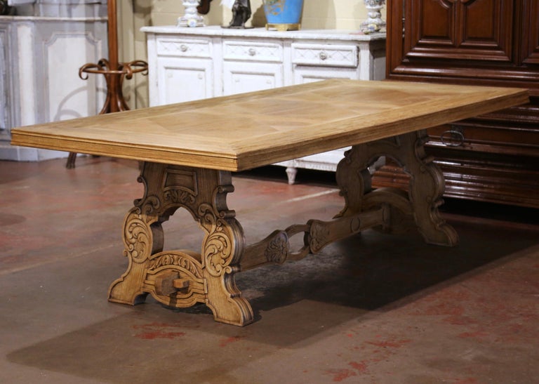 Early 20th Century French Carved Bleached Oak Marquetry Trestle Dining Table For Sale 4
