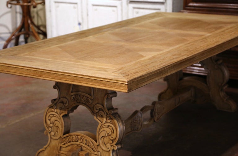 Early 20th Century French Carved Bleached Oak Marquetry Trestle Dining Table For Sale 5