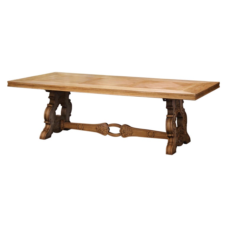 Early 20th Century French Carved Bleached Oak Marquetry Trestle Dining Table For Sale