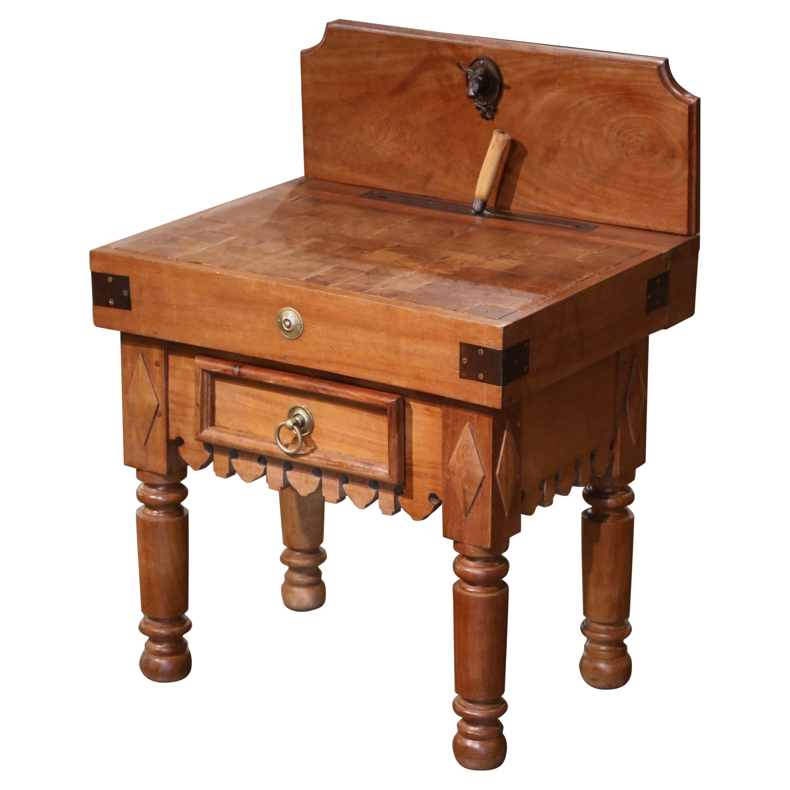Early 20th Century French Carved Butcher Block with Back and Meat Cleaver Knife