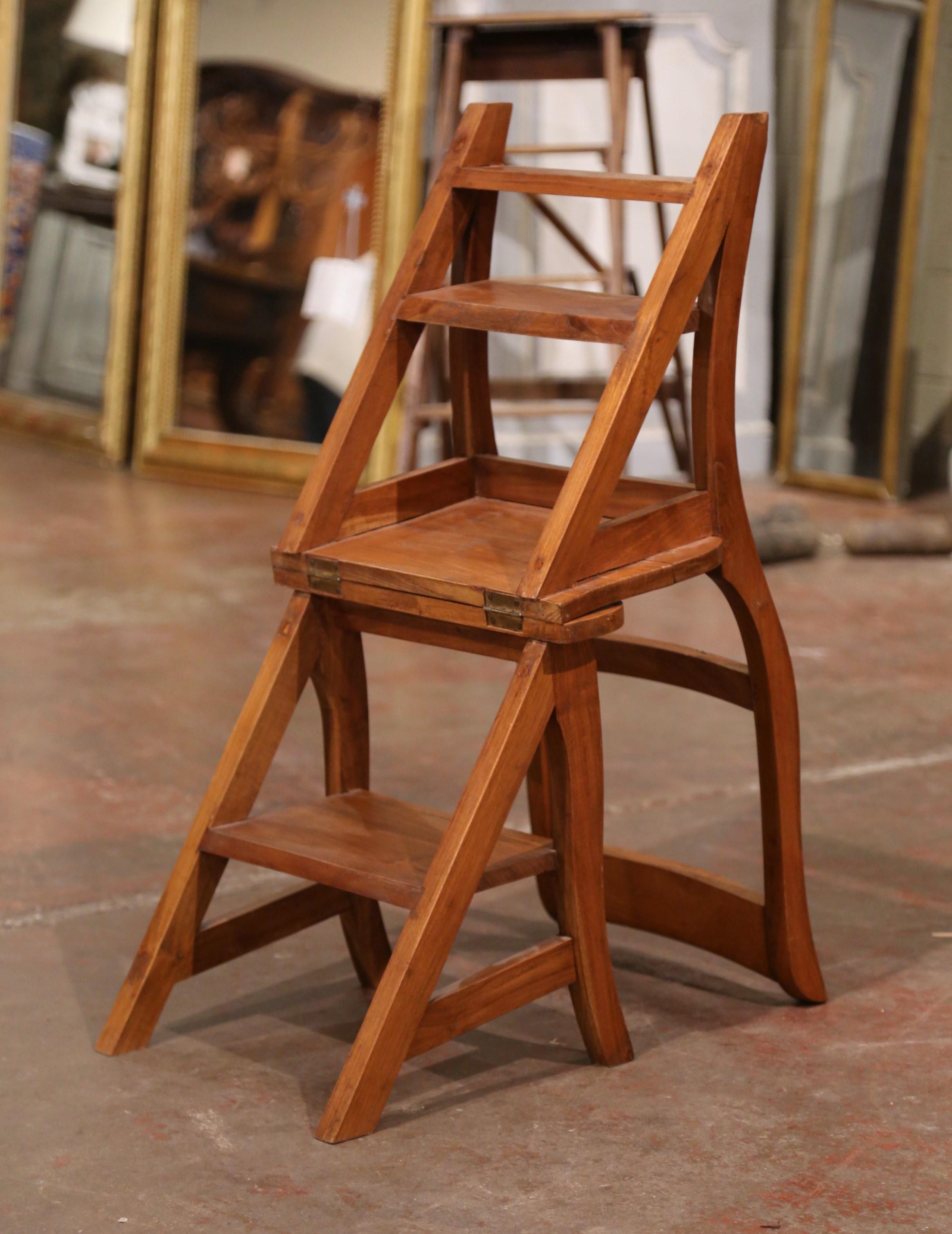 Patinated Early 20th Century French Carved Chestnut Chair Folding Step Ladder