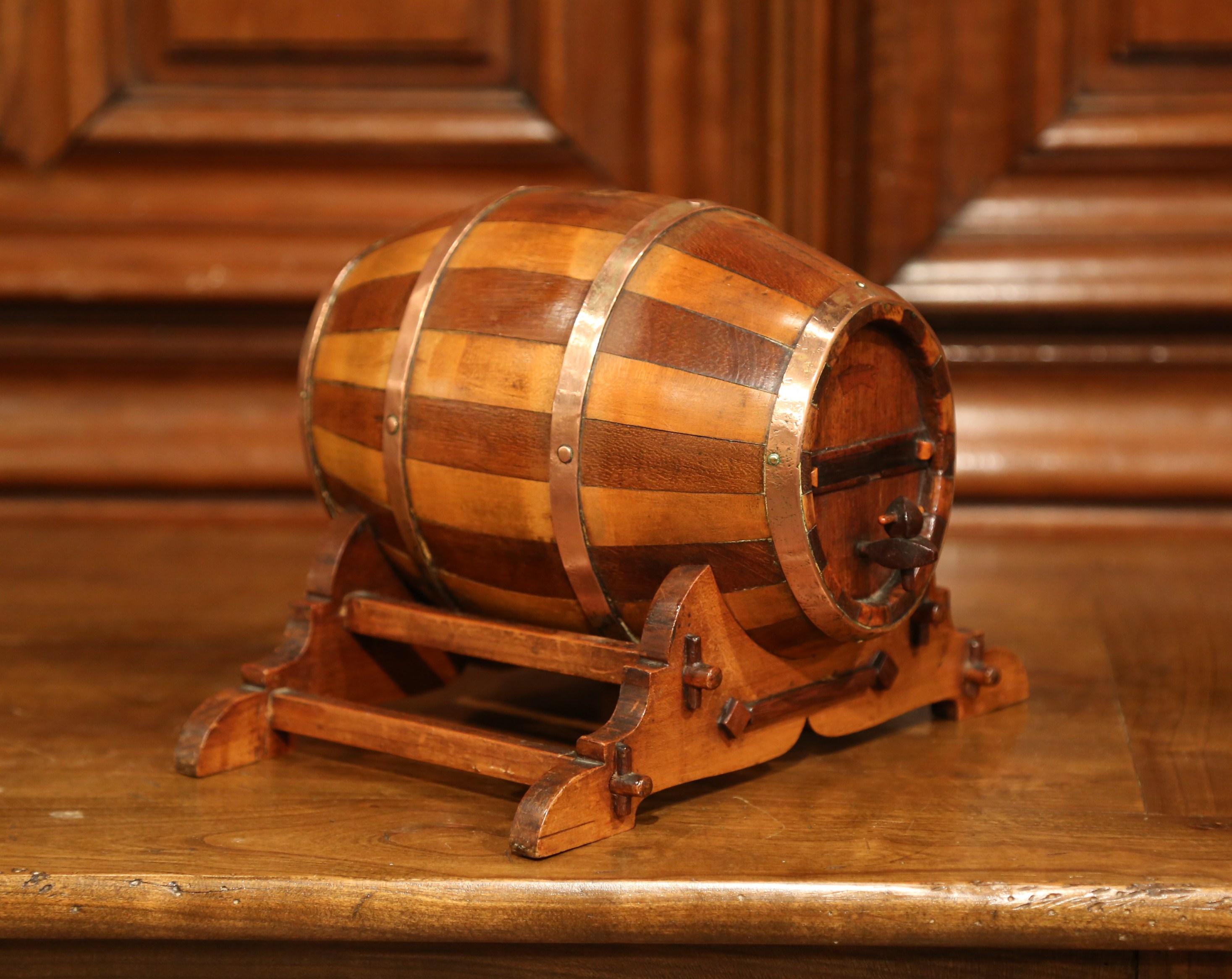 Hand-Carved Early 20th Century French Carved Fruitwood and Brass Cognac Barrel on Stand
