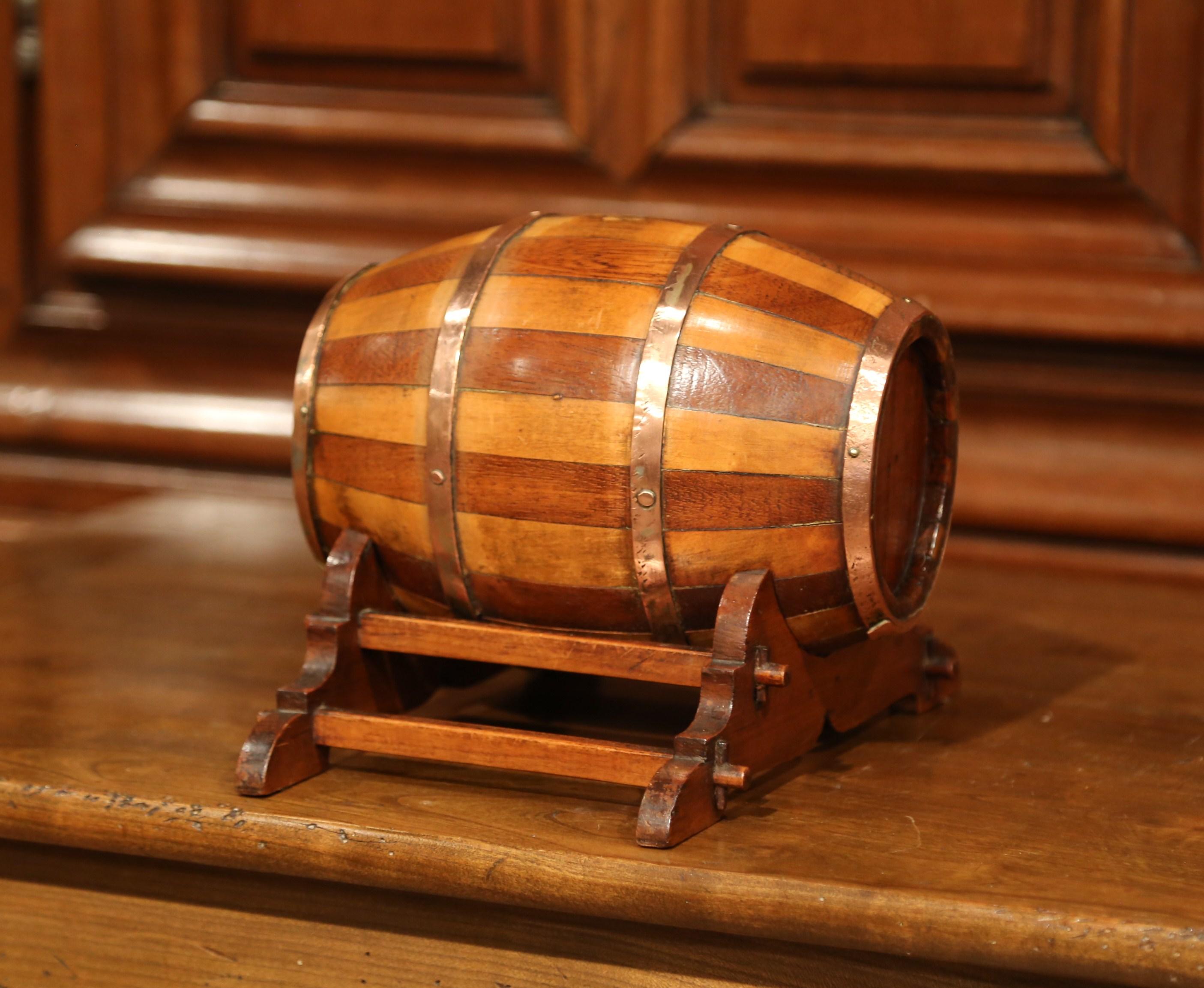 Early 20th Century French Carved Fruitwood and Brass Cognac Barrel on Stand 1