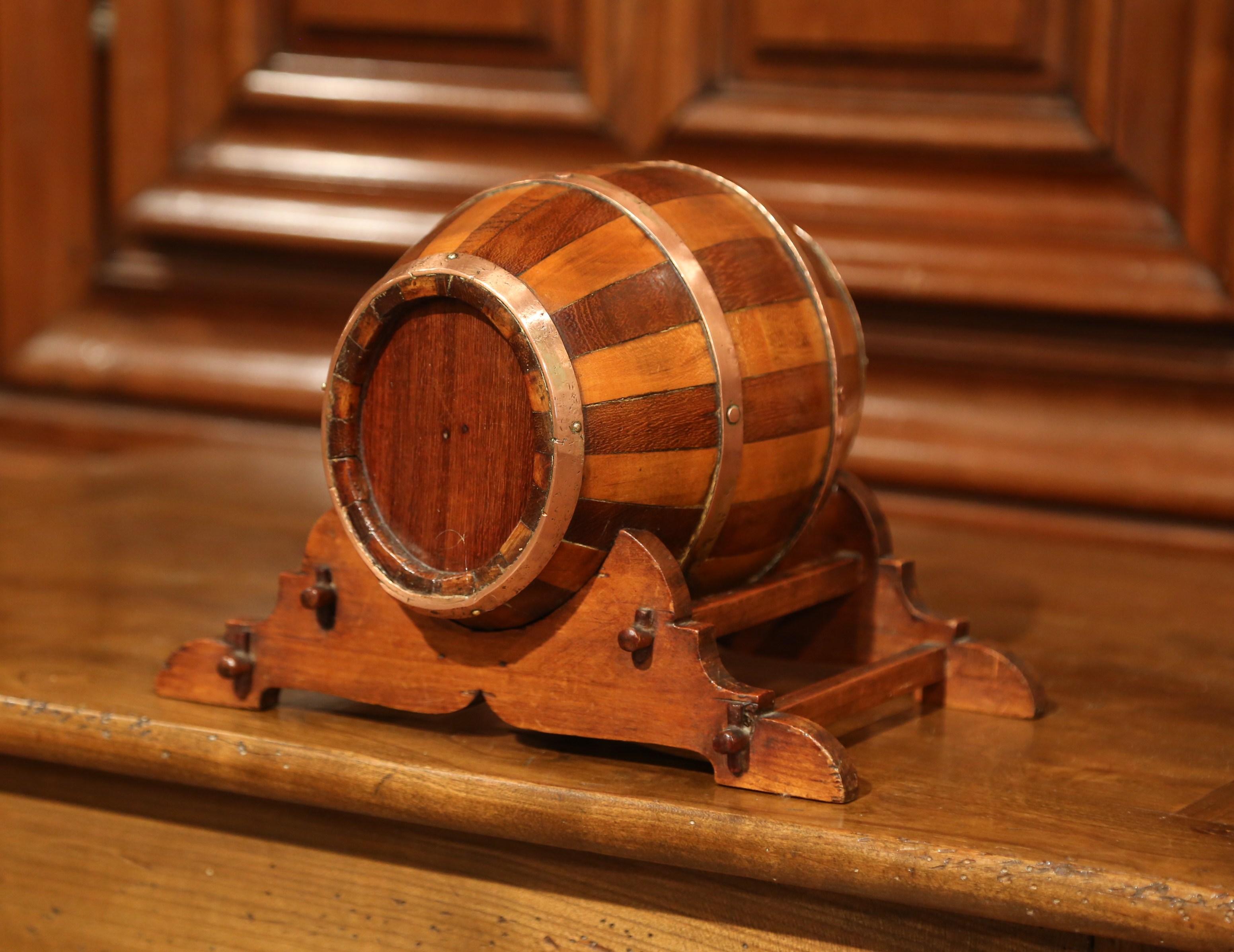 Early 20th Century French Carved Fruitwood and Brass Cognac Barrel on Stand 2