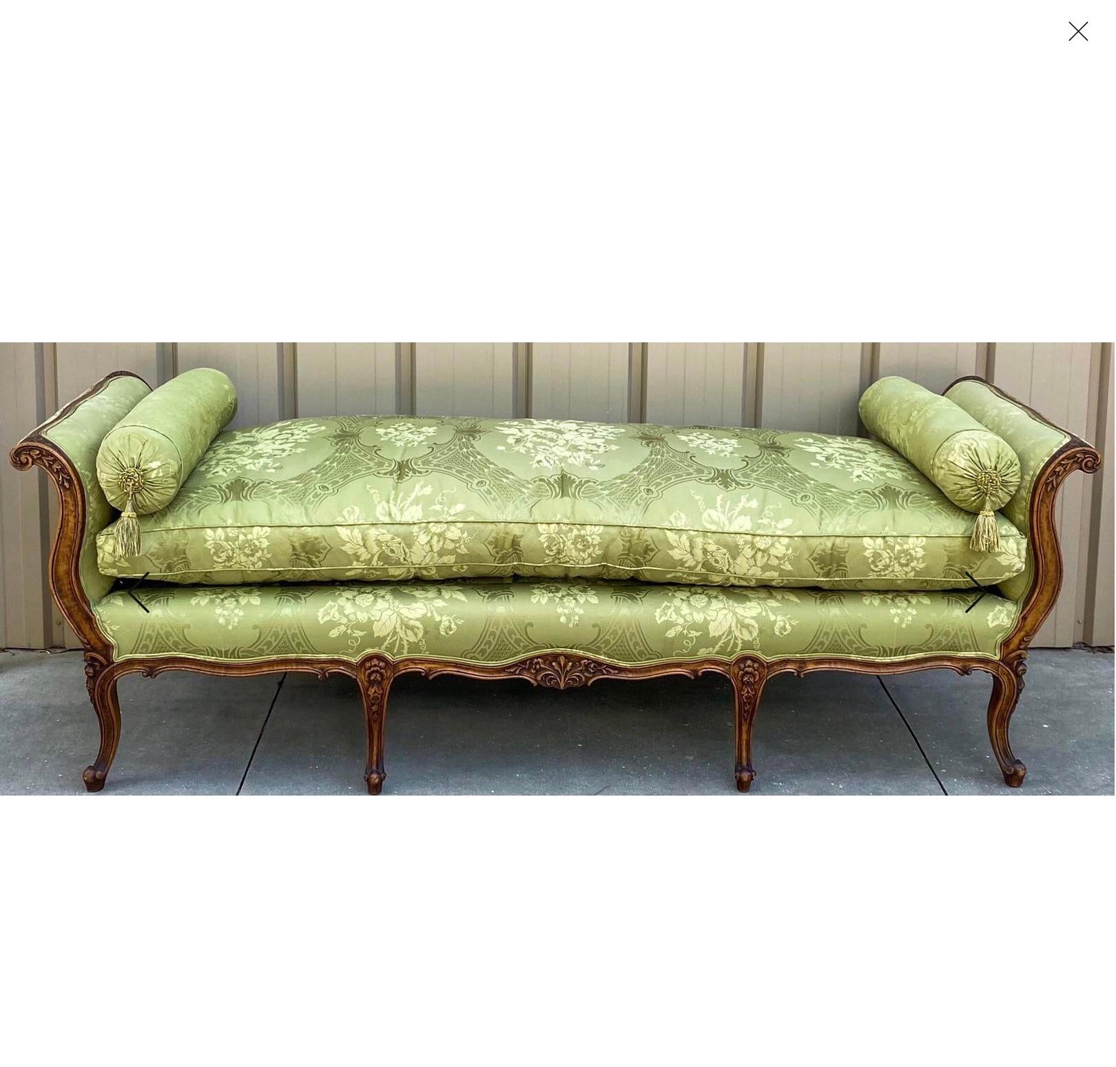 Early 20th Century French Carved Fruitwood Daybed in Green Silk 2