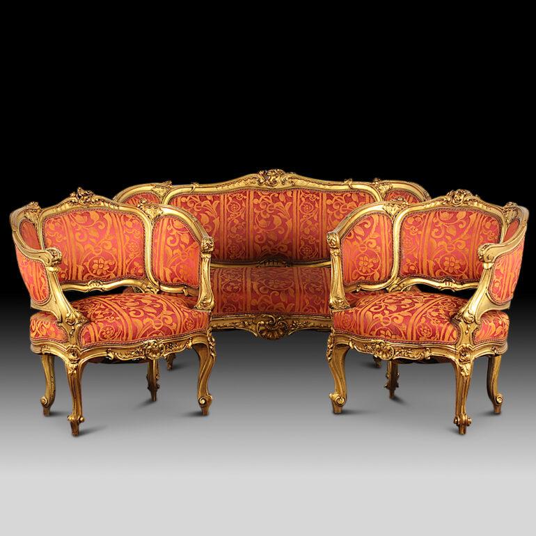 Early 20th Century French Carved Gilt Louis XV Settee Salon Suite 5