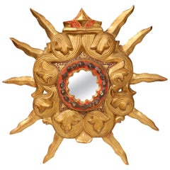 Early 20th Century French Carved Giltwood and Polychrome Sunburst Mirror