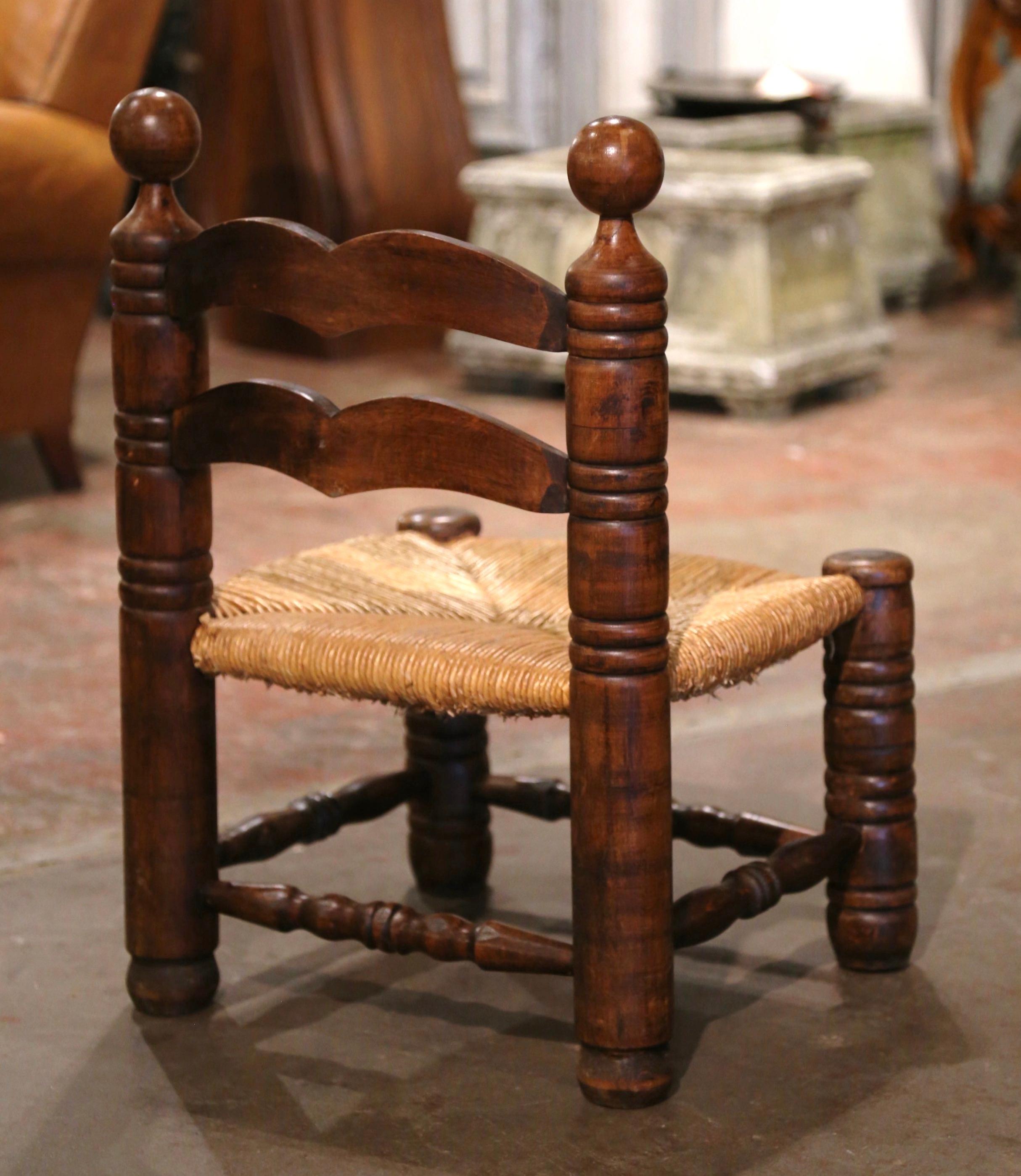 Early 20th Century French Carved Oak and Rush Seat Low Fireplace Armchair  For Sale 3