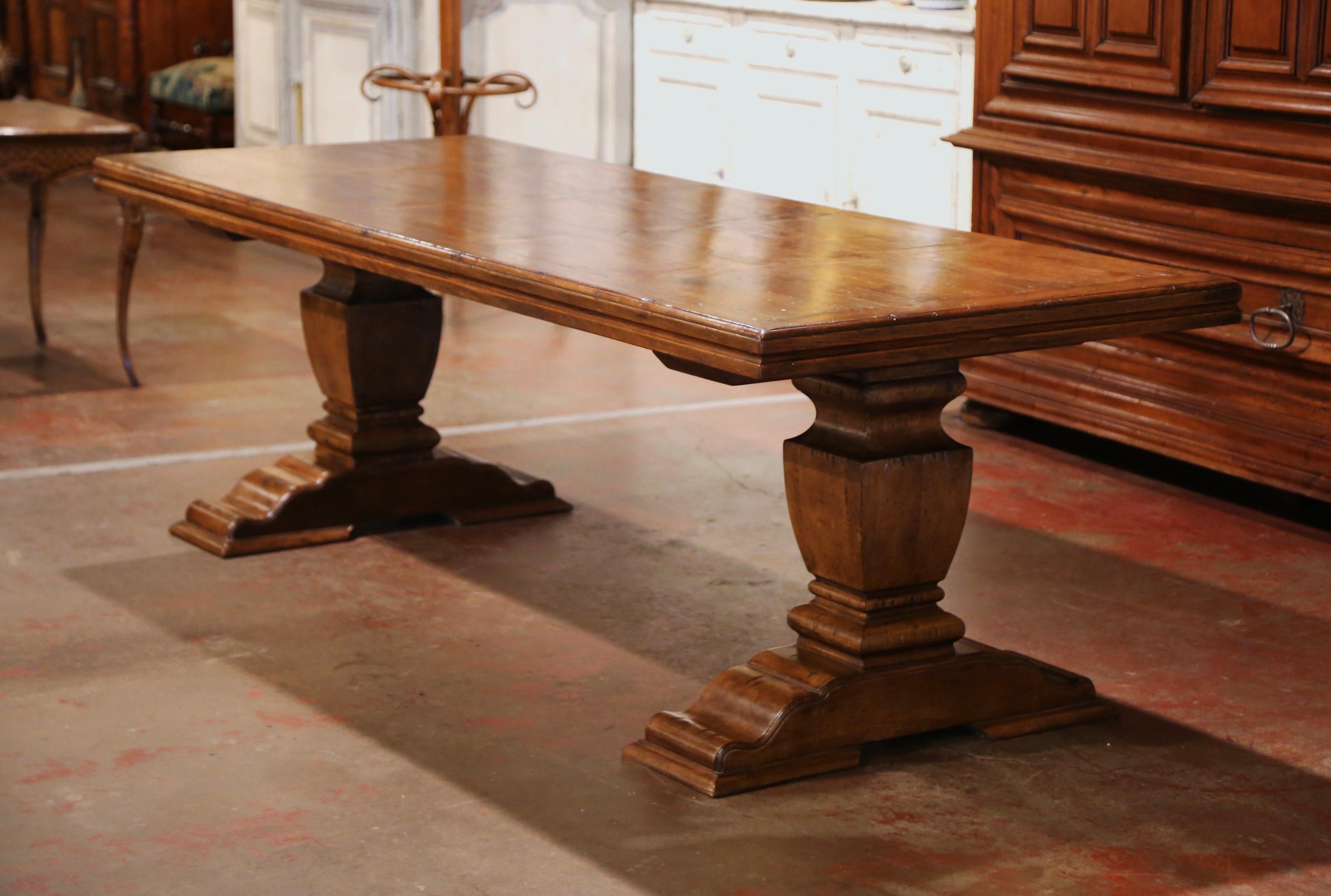 Early 20th Century French Carved Oak Farm Trestle Table on Double-Pedestal Base 6