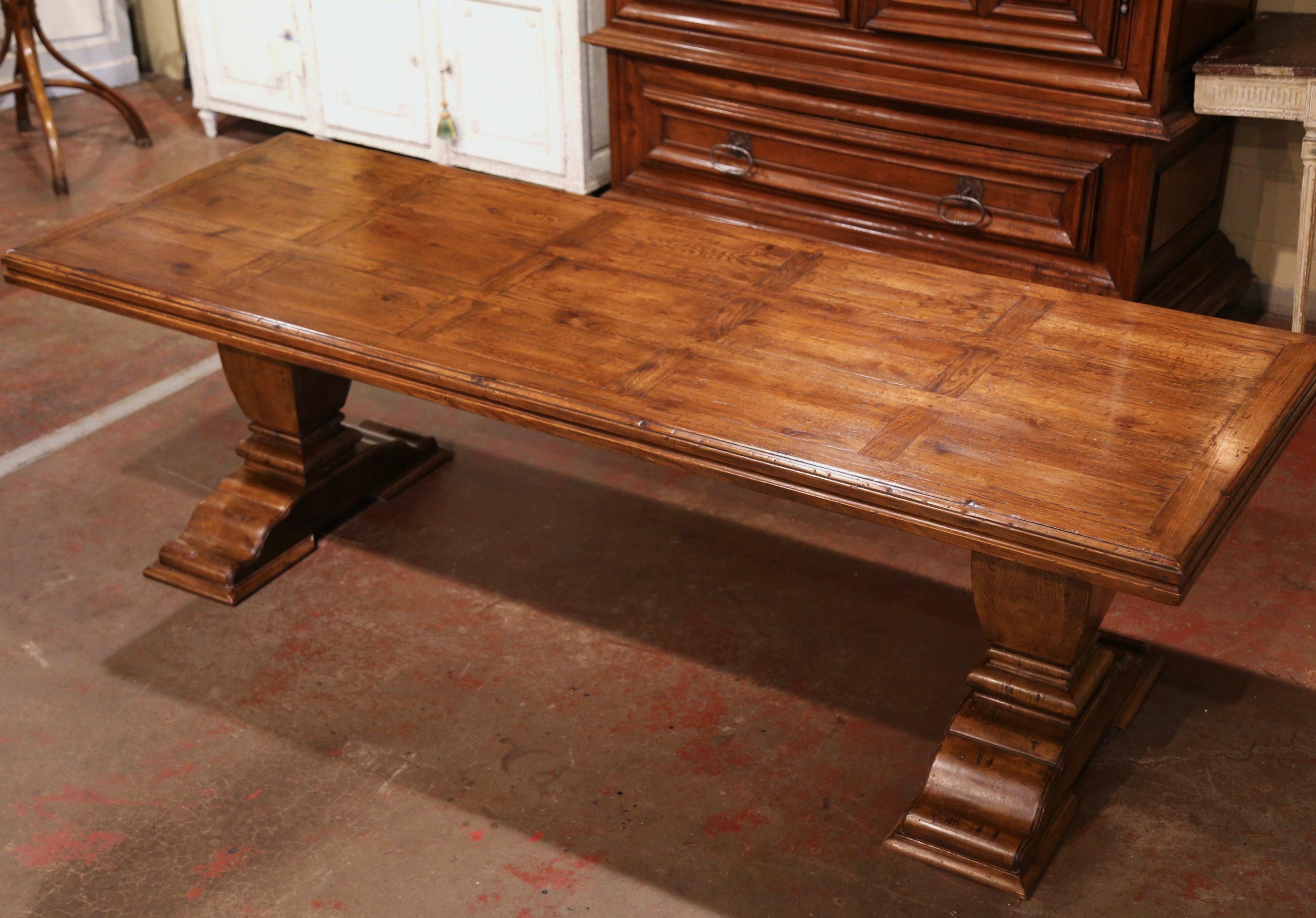 Louis XIII Early 20th Century French Carved Oak Farm Trestle Table on Double-Pedestal Base
