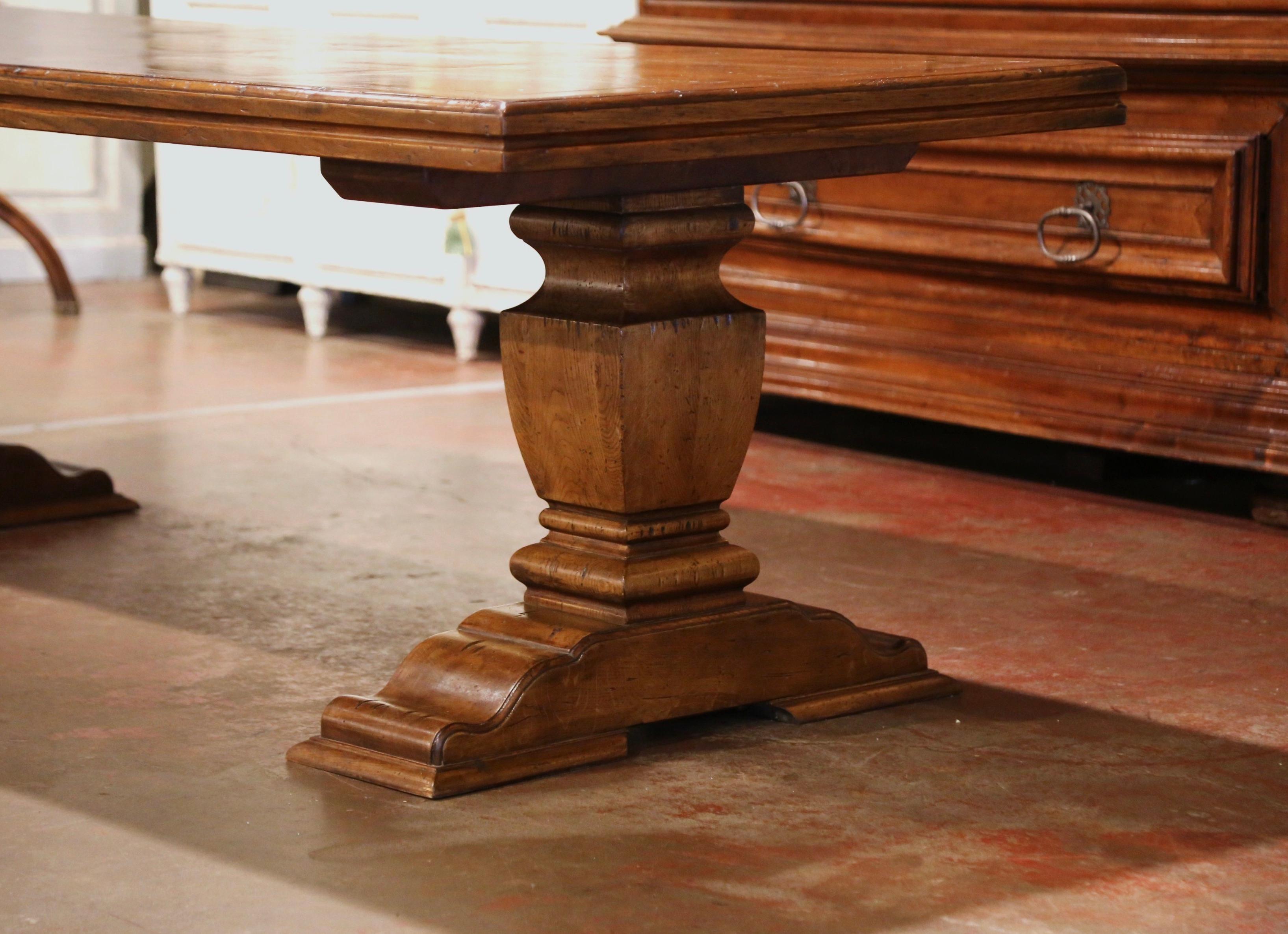 Hand-Carved Early 20th Century French Carved Oak Farm Trestle Table on Double-Pedestal Base