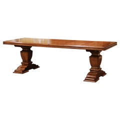 Antique Early 20th Century French Carved Oak Farm Trestle Table on Double-Pedestal Base