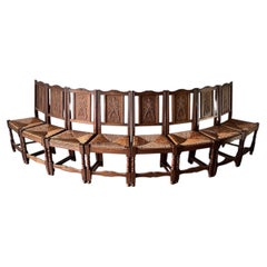 Early 20th Century French Carved Oak Rush Seat Dining Chairs, Set of 8