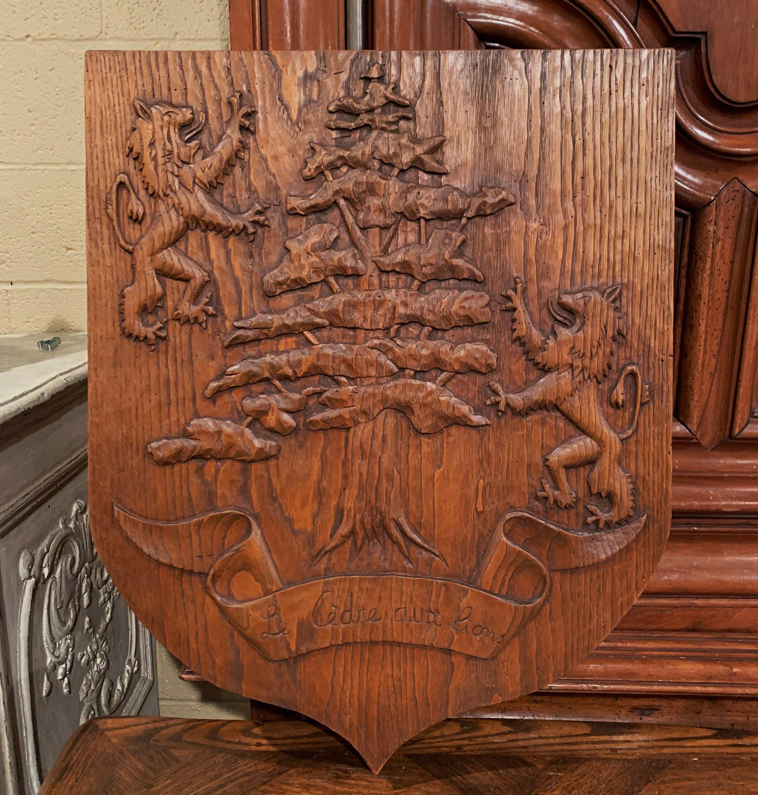 Hand-Carved Early 20th Century French Carved Oak Shield Titled 