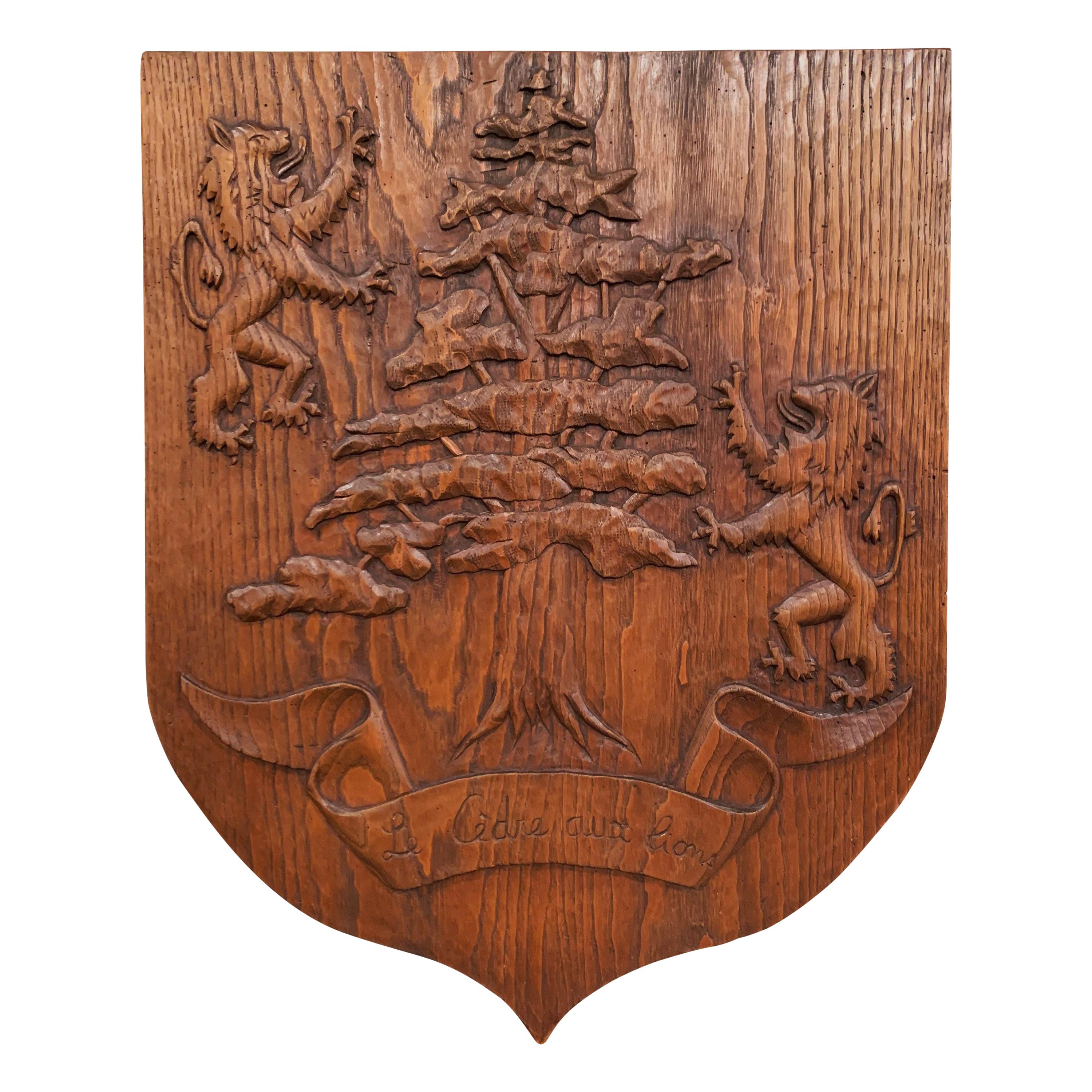 Early 20th Century French Carved Oak Shield Titled "Le Cedre aux Lions"