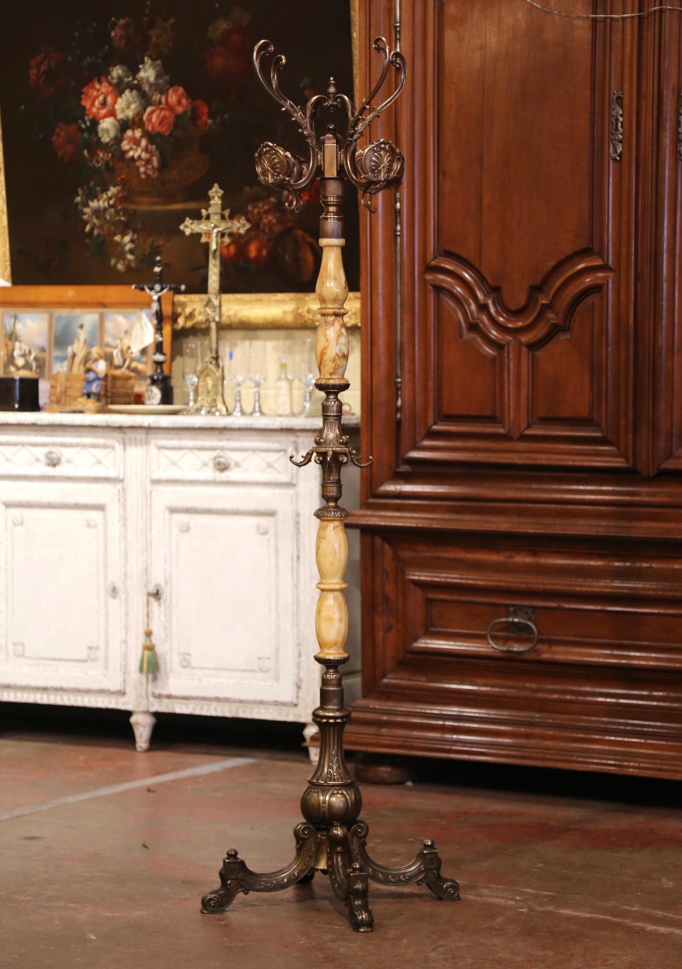 Early 20th Century French Carved Onyx & Brass Swivel Dolphin Standing Hall Tree In Excellent Condition In Dallas, TX