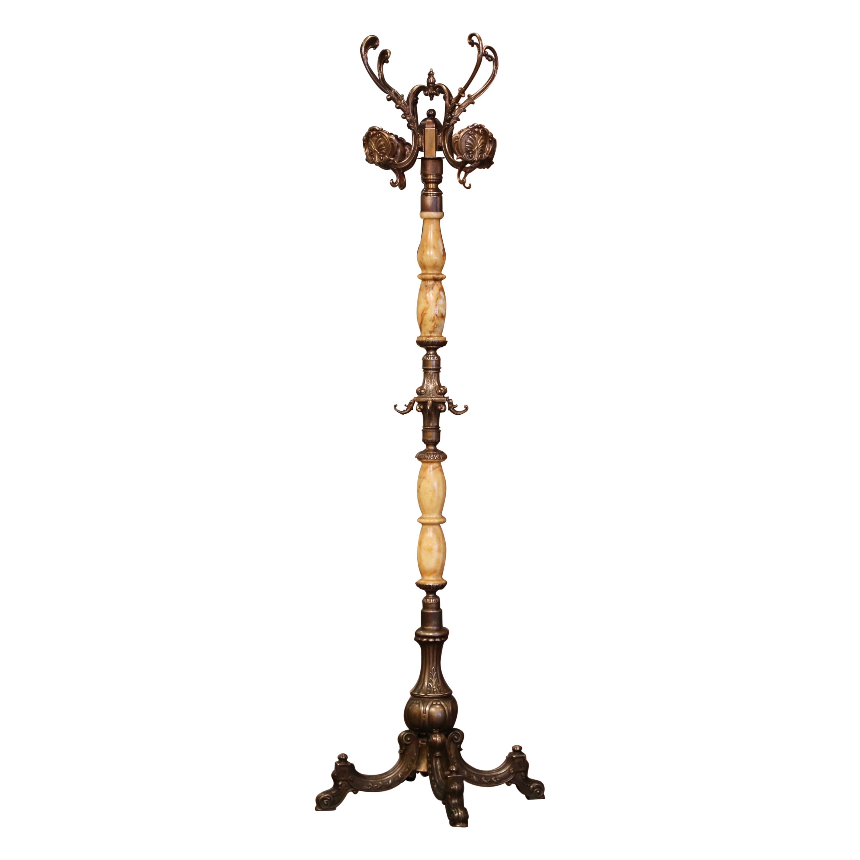 Early 20th Century French Carved Onyx & Brass Swivel Dolphin Standing Hall Tree