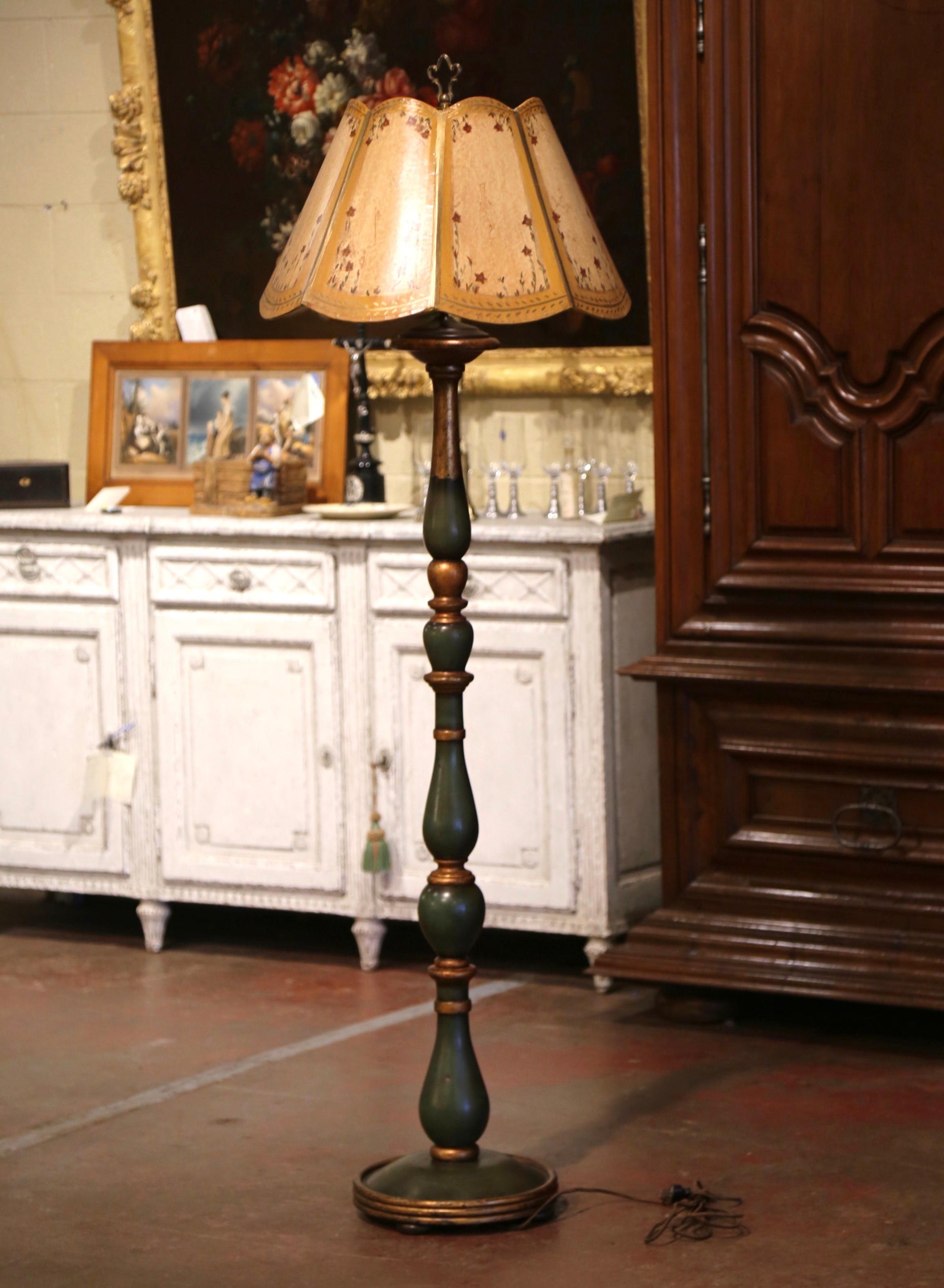 Oak Early 20th Century French Carved Painted and Gilt Floor Lamp with Custom Shade