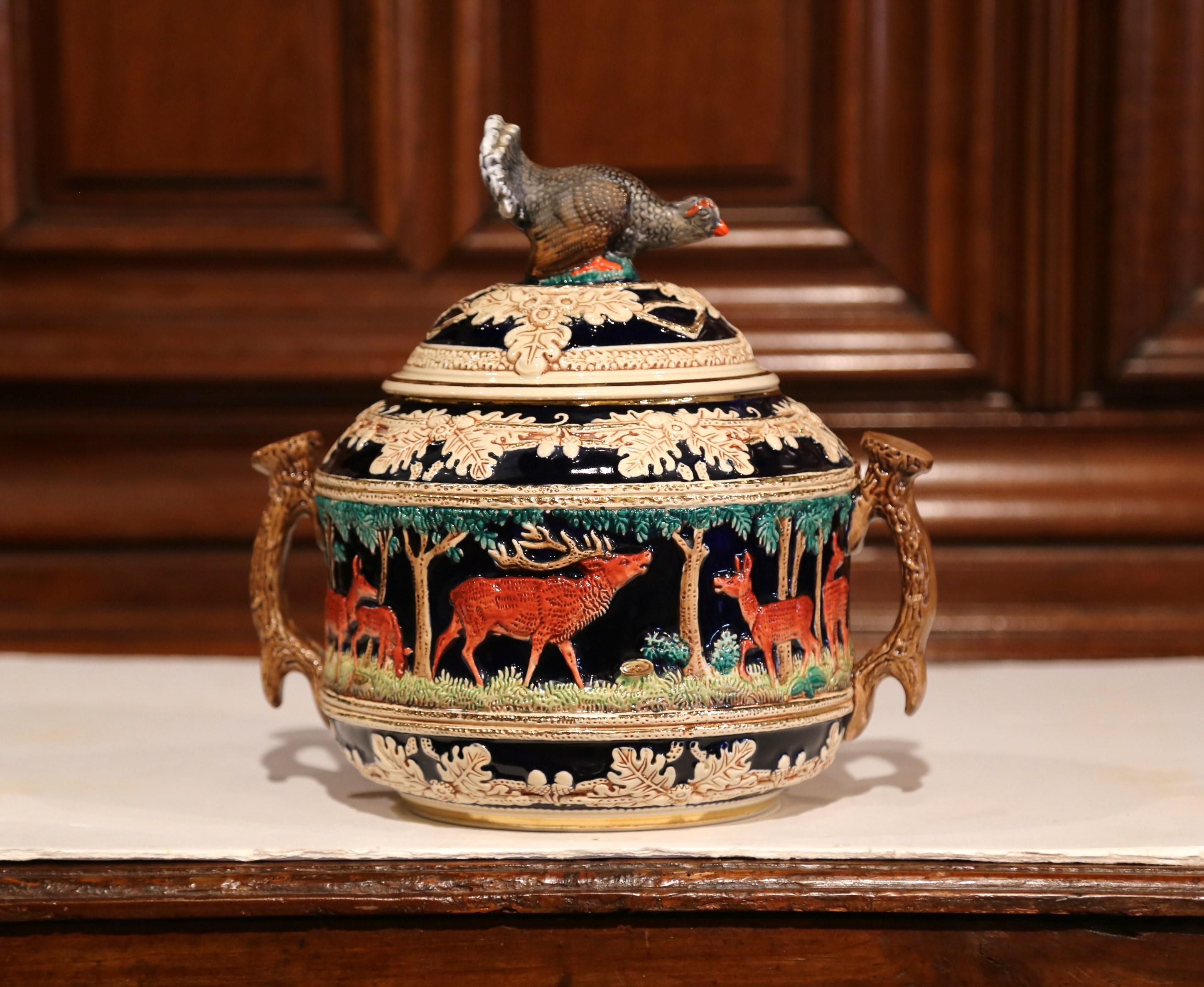 Early 20th Century French Carved Painted Ceramic Soup Tureen with Hunt Motifs 1