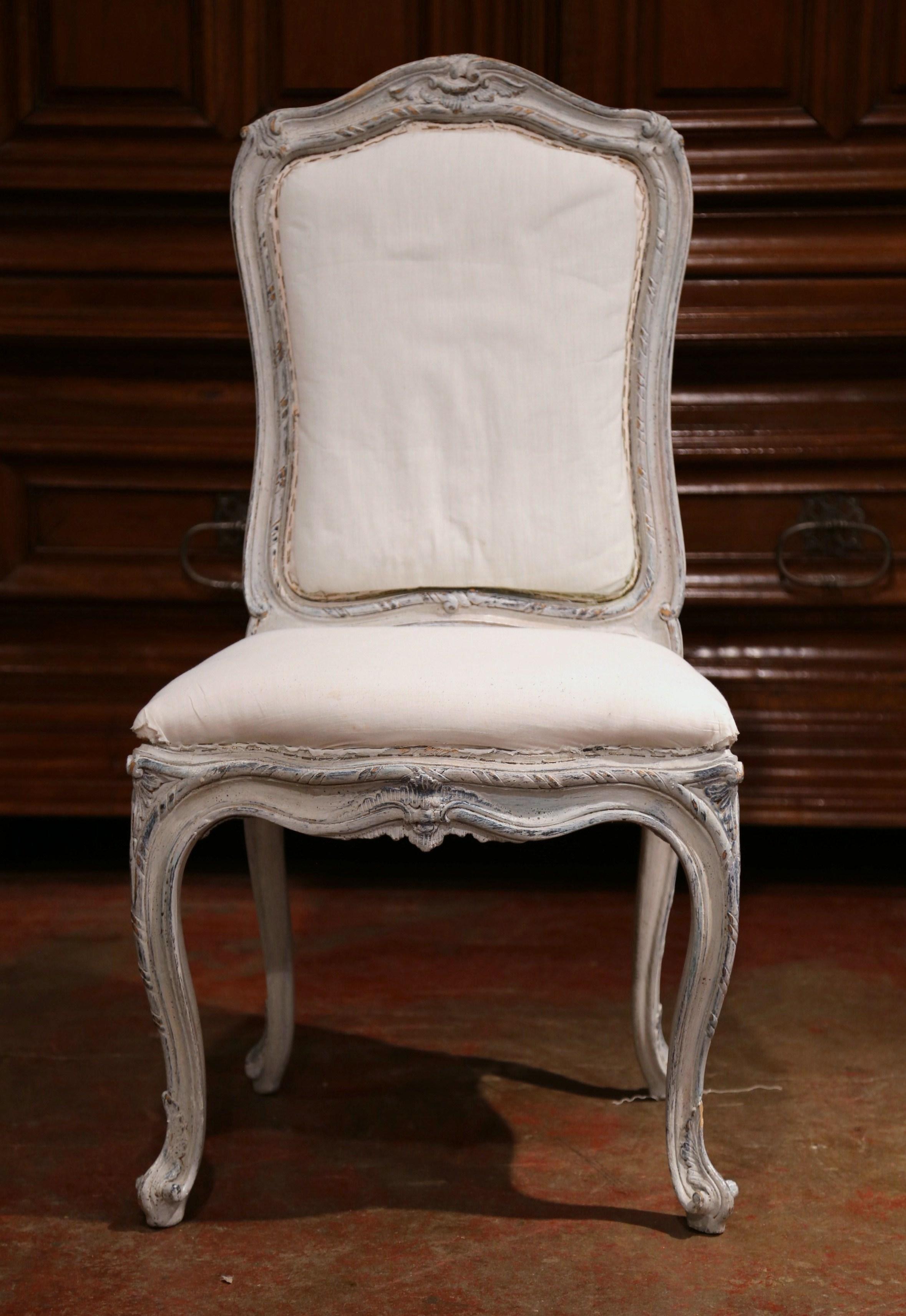 Hand-Carved Early 20th Century French Carved Painted Set of Eight Louis XV Dining Chairs