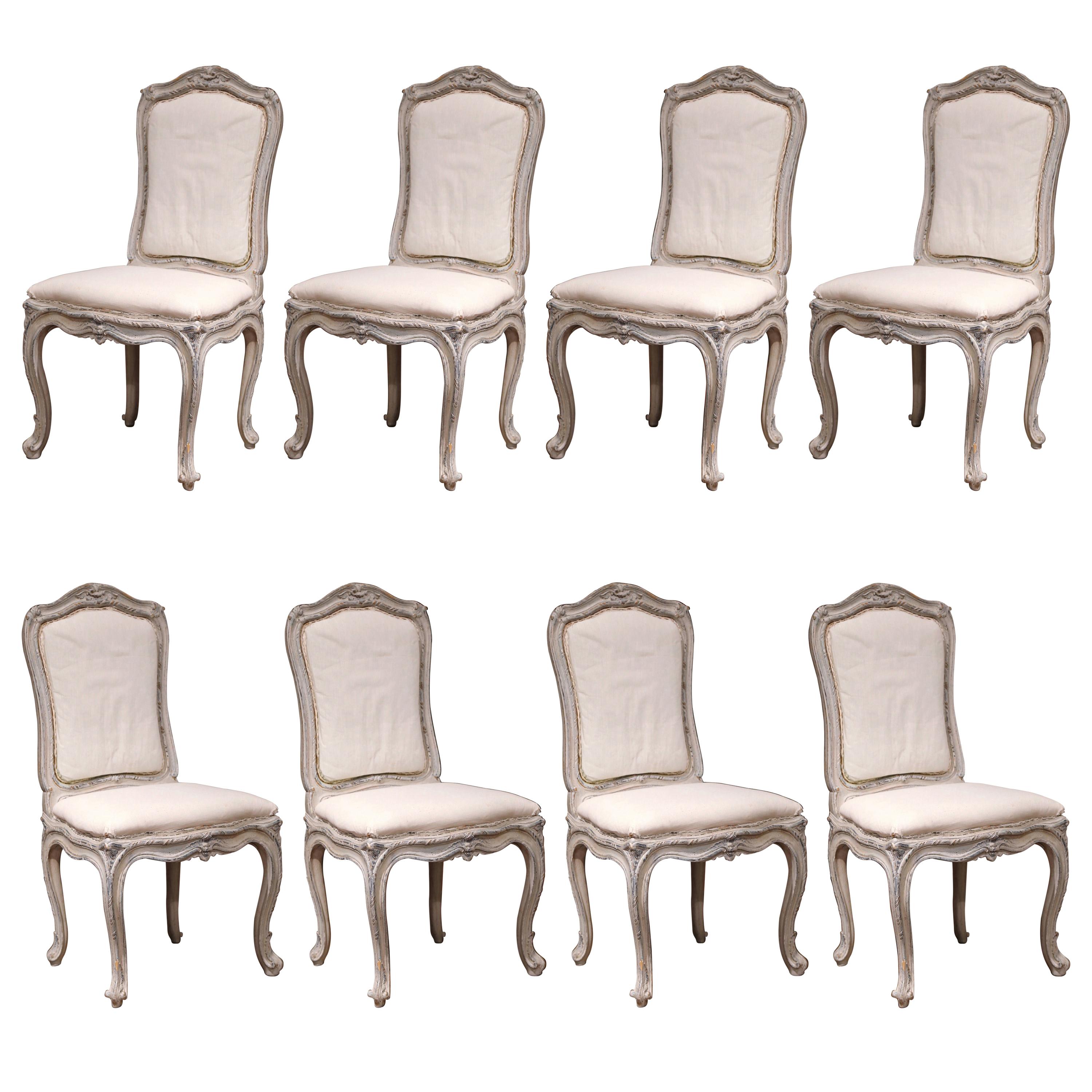 Early 20th Century French Carved Painted Set of Eight Louis XV Dining Chairs