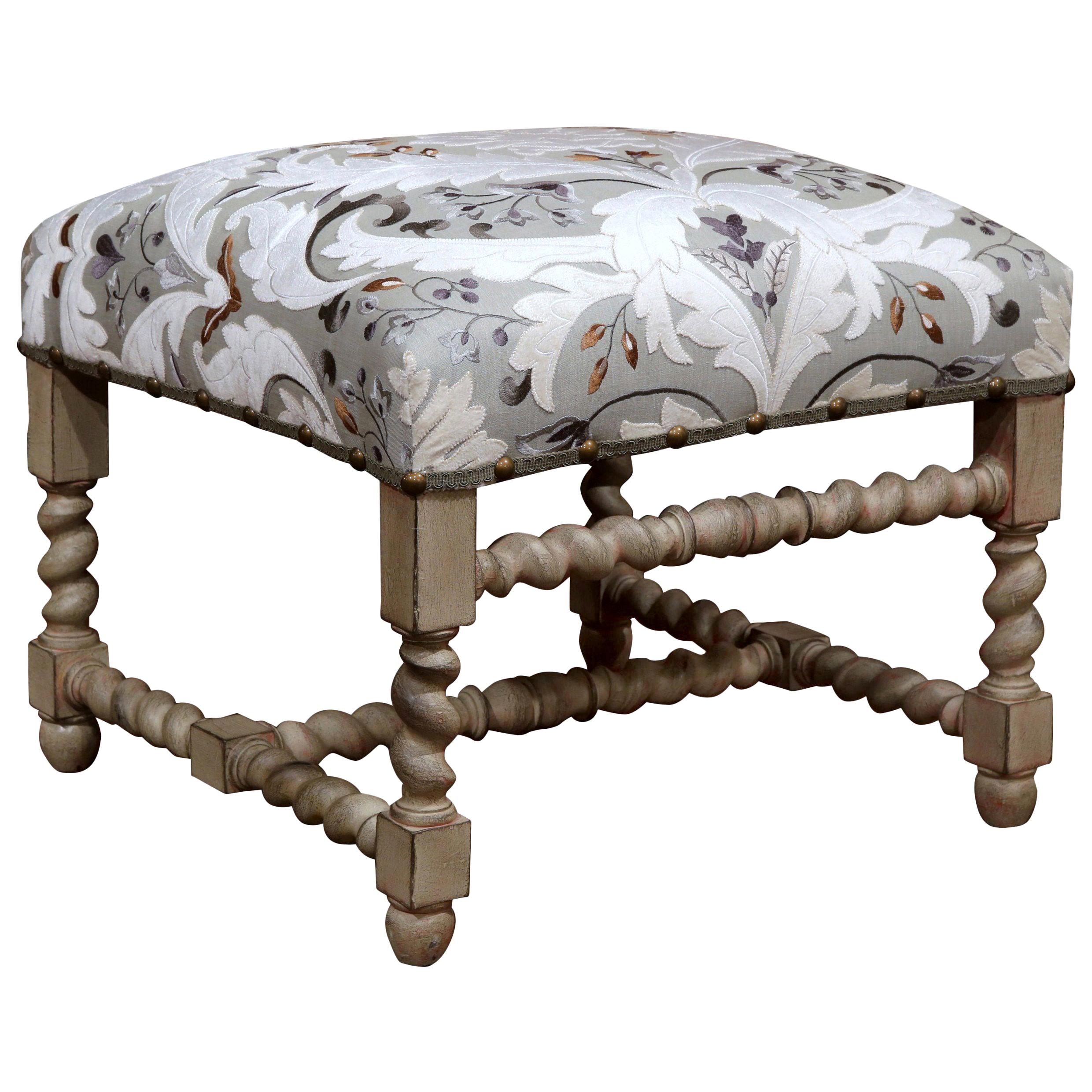 Early 20th Century French Carved Painted Stool with Embroidered Upholstery
