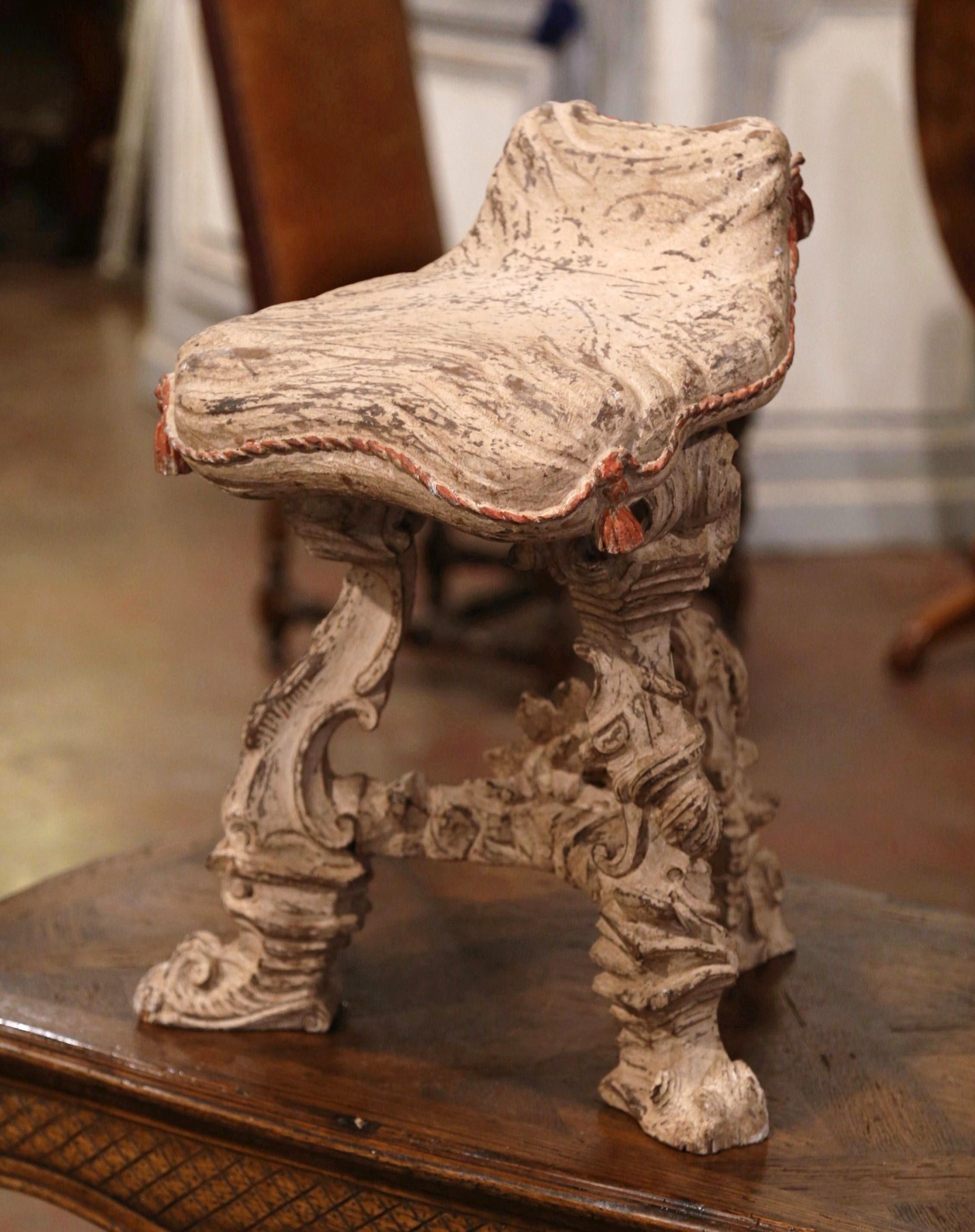 Early 20th Century French Carved Painted Vanity Chair or Piano Stool In Excellent Condition In Dallas, TX