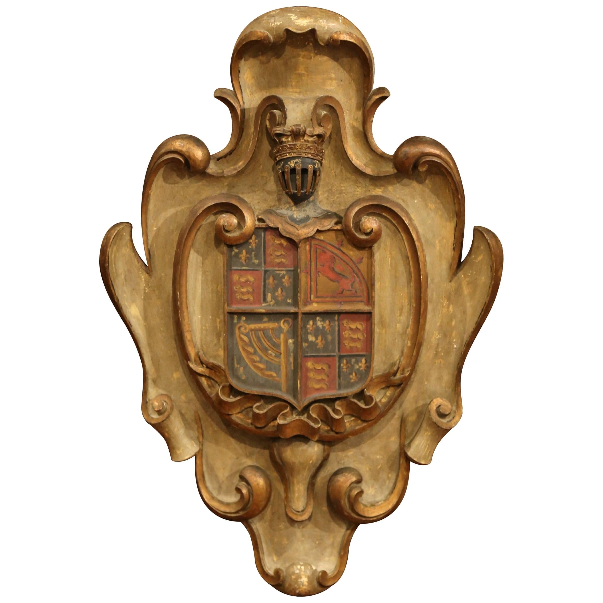 Early 20th Century French Carved Painted Wall Hanging Shield with Family Crest