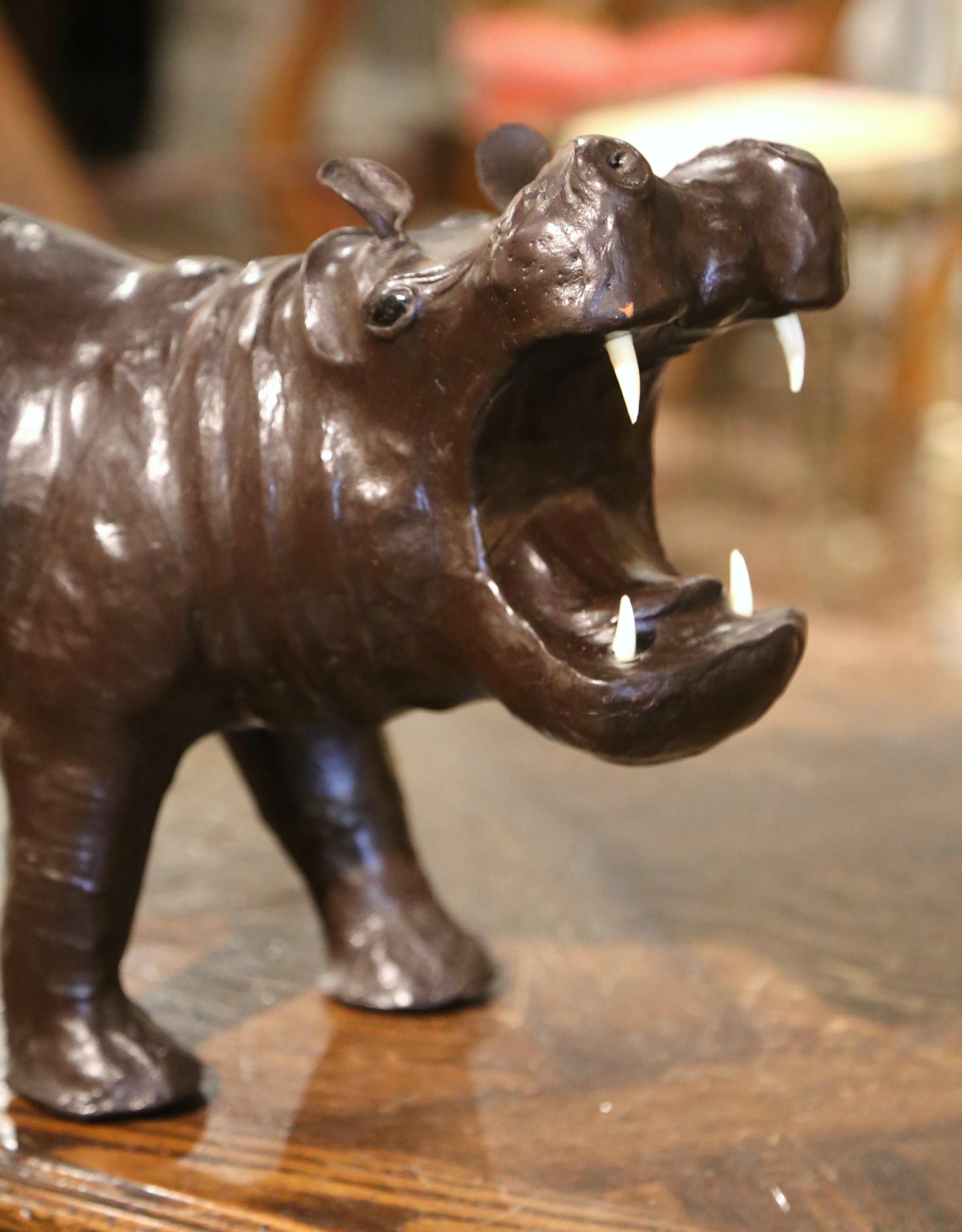 Early 20th Century French Carved Patinated Leather Hippo Sculpture In Excellent Condition For Sale In Dallas, TX