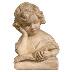 Antique Early 20th Century French Carved Patinated Stone Bust of Young Girl Reading