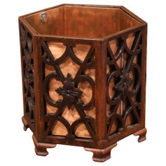 Early 20th Century French Carved Walnut and Copper Waste Basket