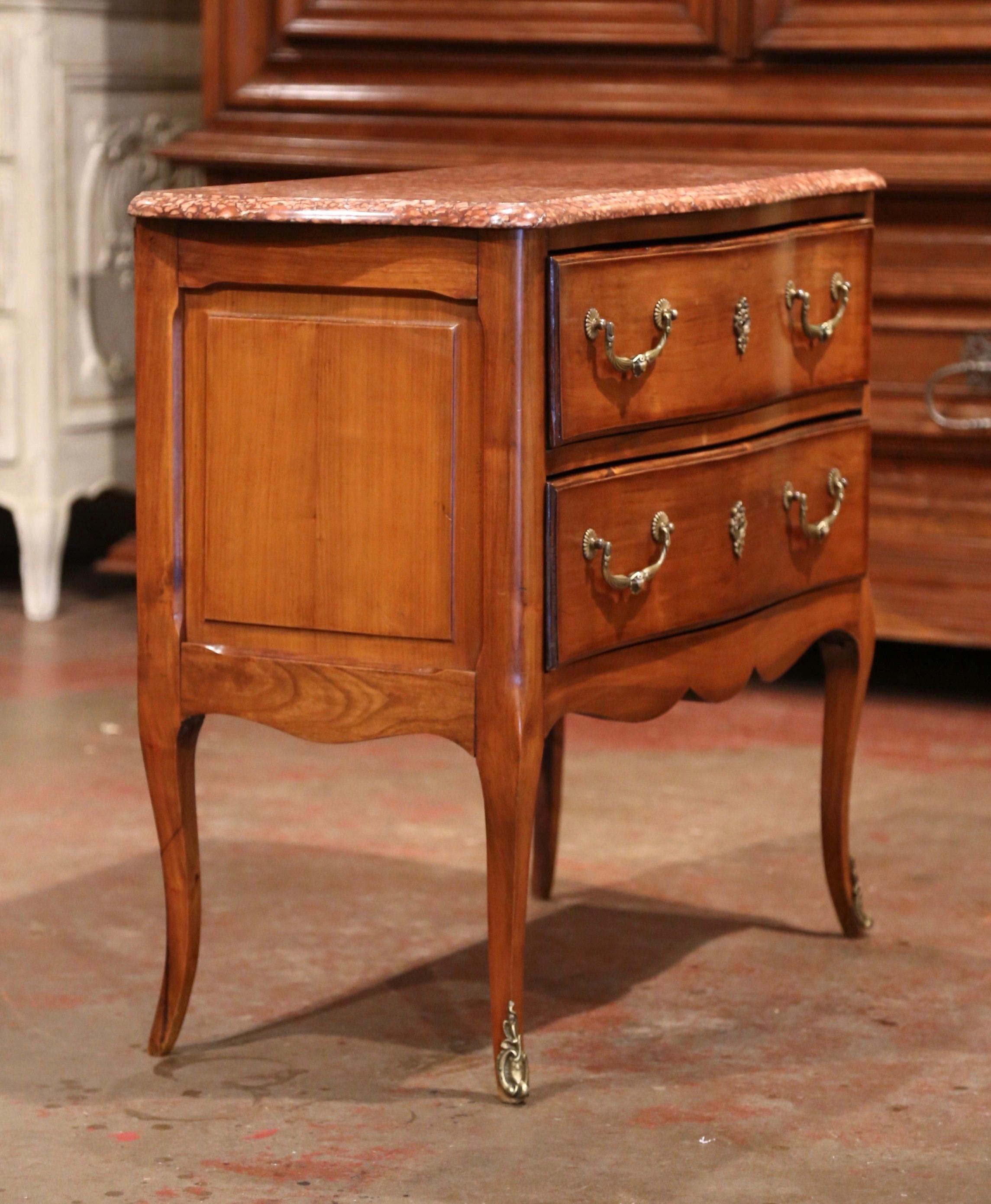 Hand-Carved Early 20th Century French Carved Walnut Chest of Drawers with Red Marble Top