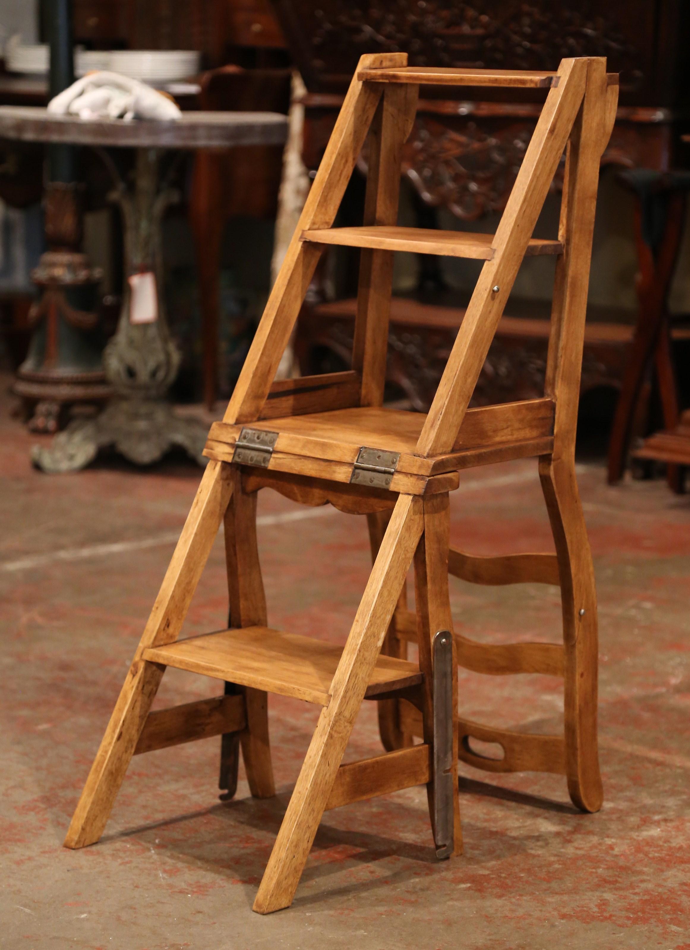 Decorate a library with this artisan-made fruitwood folding step ladder chair; crafted in Southern France circa 1900, the metamorphic chair with three carved ladders in the back, is hinged so that it can convert into a ladder with four stairs for a