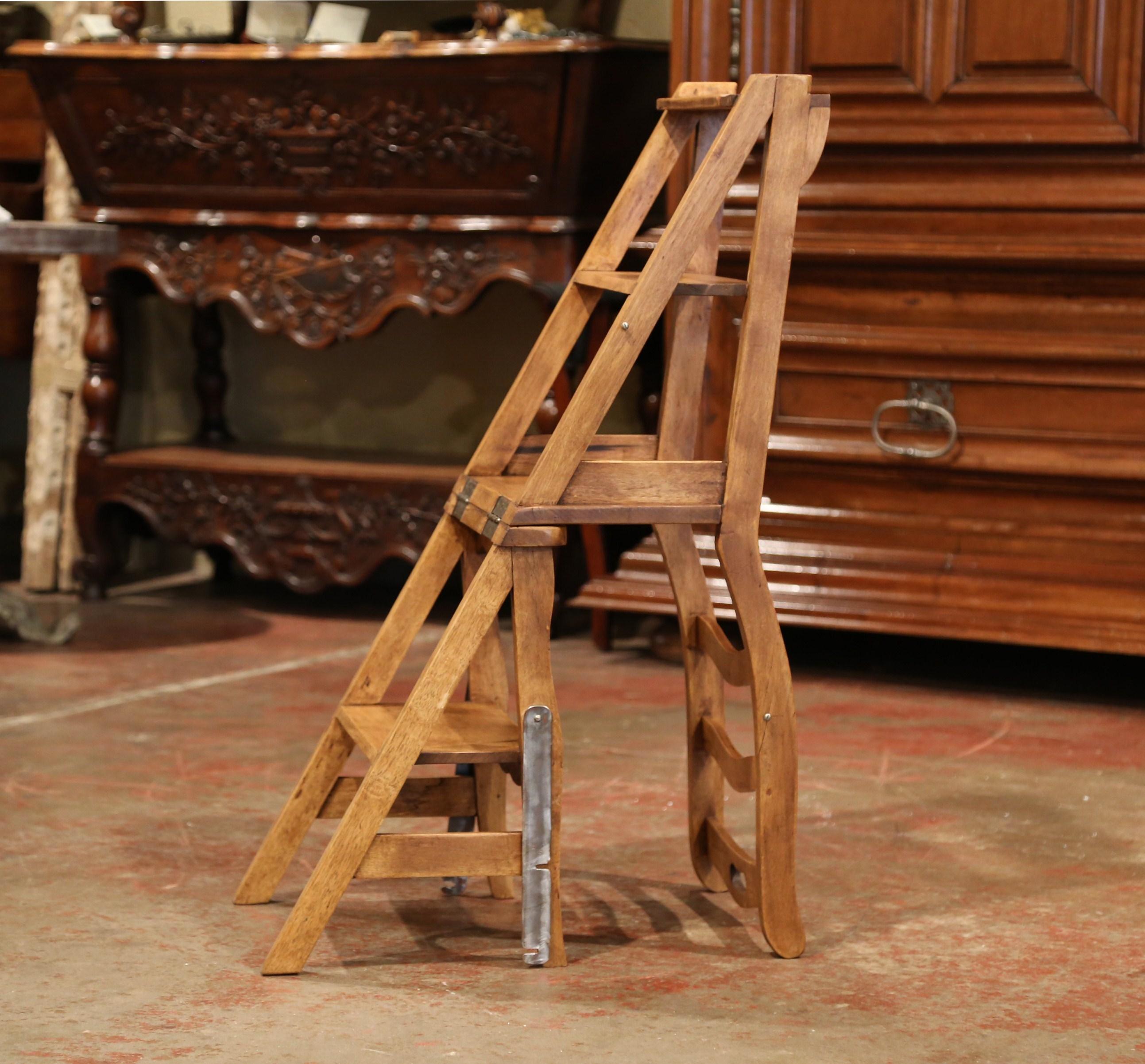 Country Early 20th Century French Carved Walnut Folding Ladder Chair from Provence