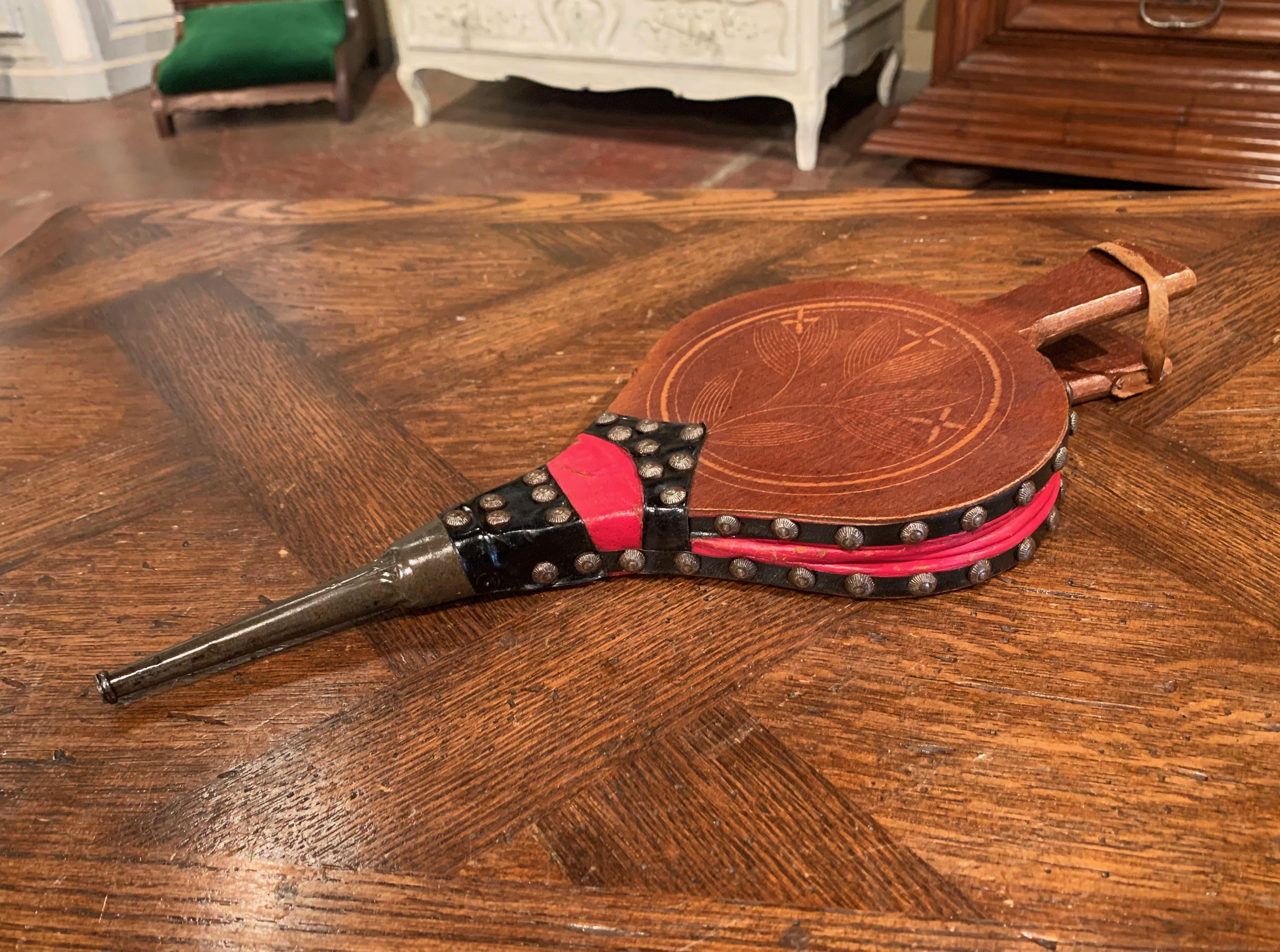 Rustic Early 20th Century French Carved Walnut, Iron and Leather Fireplace Bellows