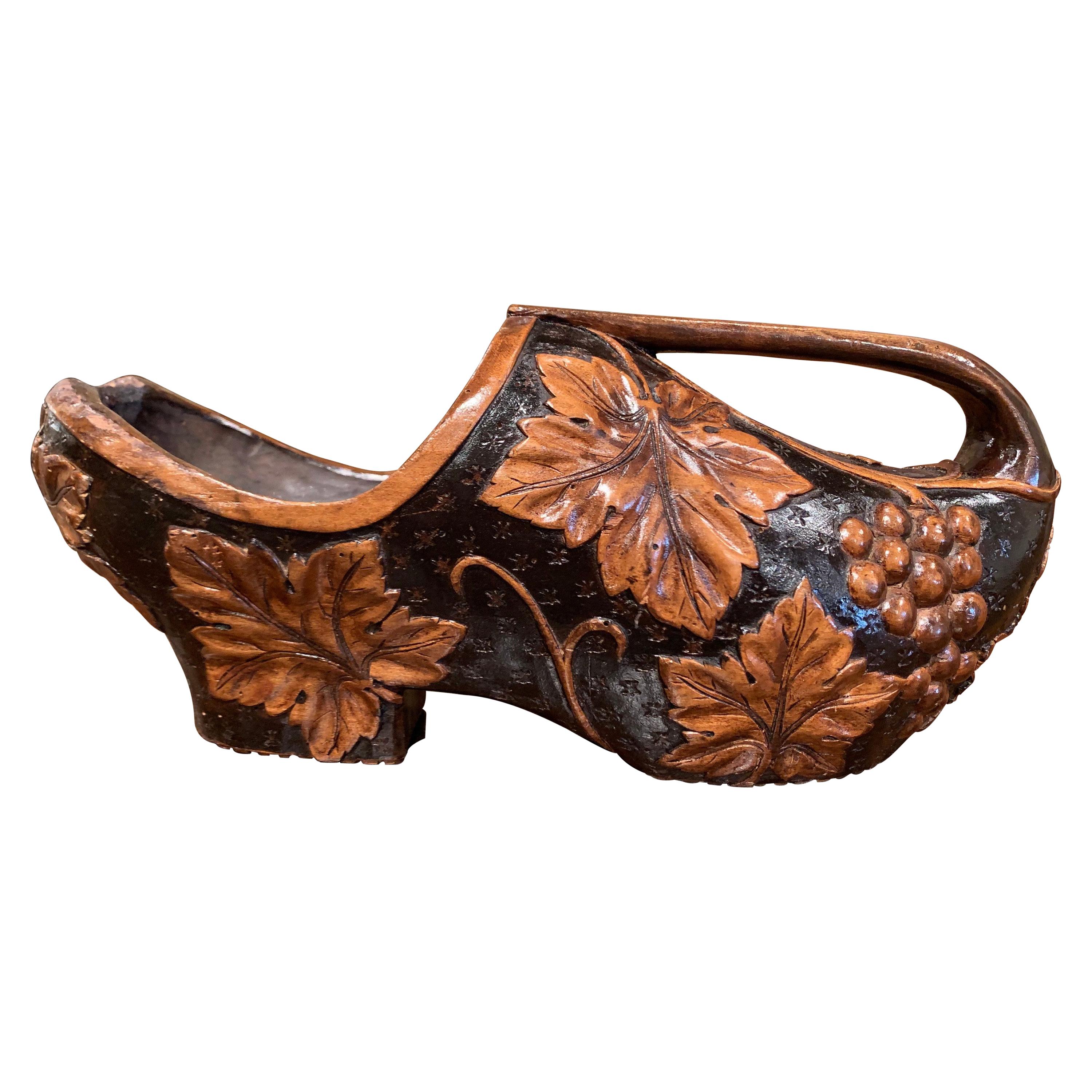 Early 20th Century French Carved Walnut Wine Bottle Holder Clog with Vine Decor For Sale