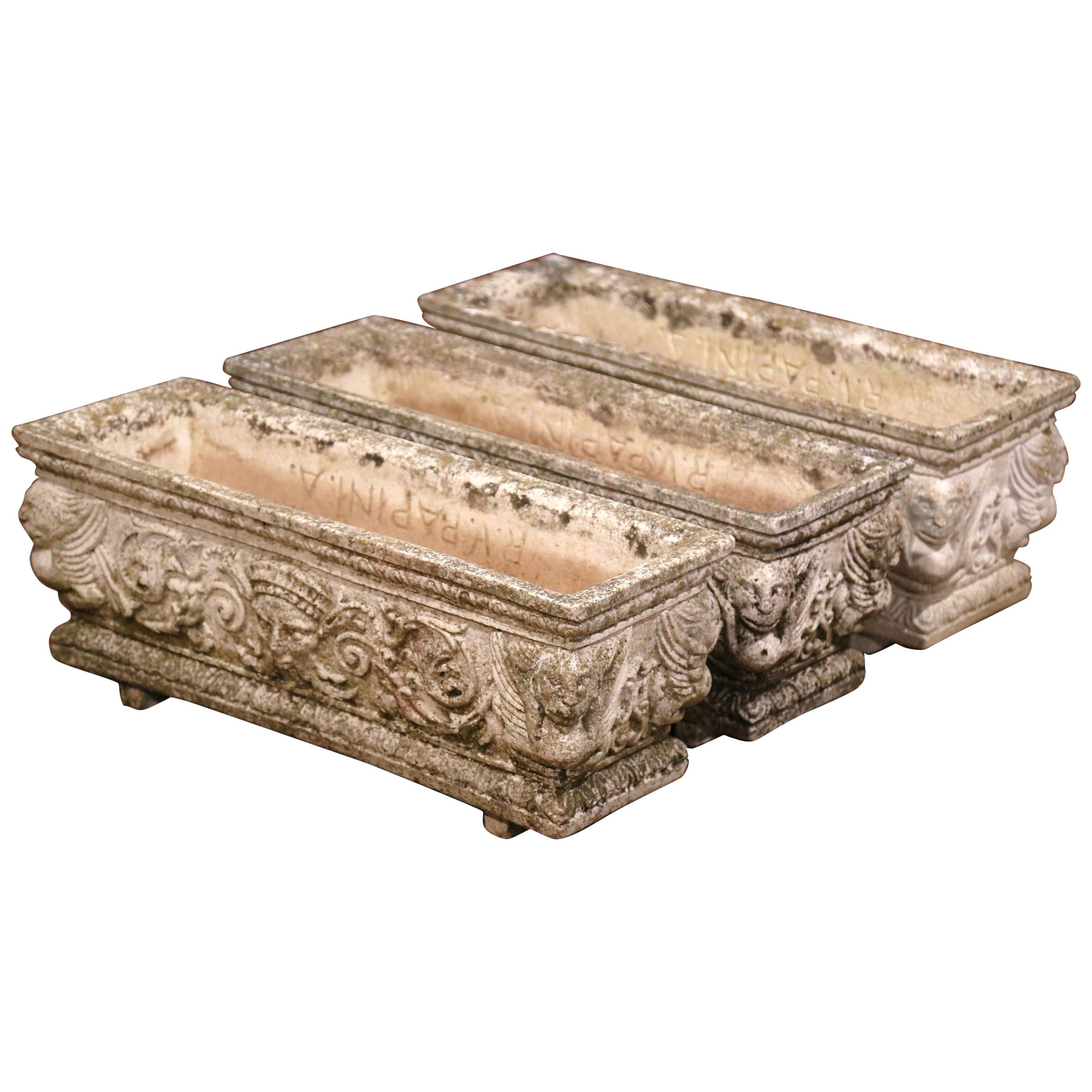 Early 20th Century French Carved Weathered Sandstone Planters, Set of Three