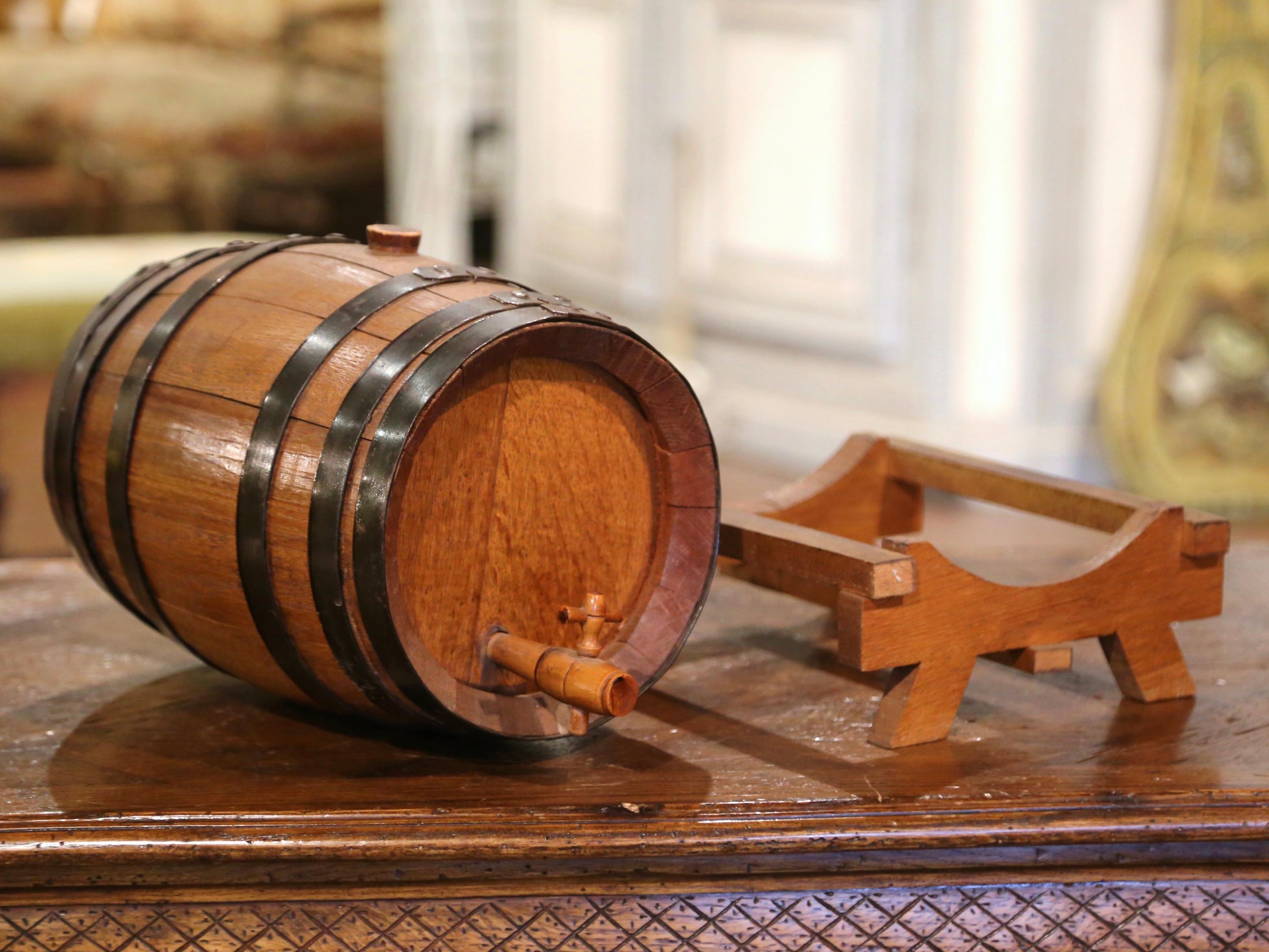 Early 20th Century French Carved Wood and Brass Cognac Barrel on Stand 1