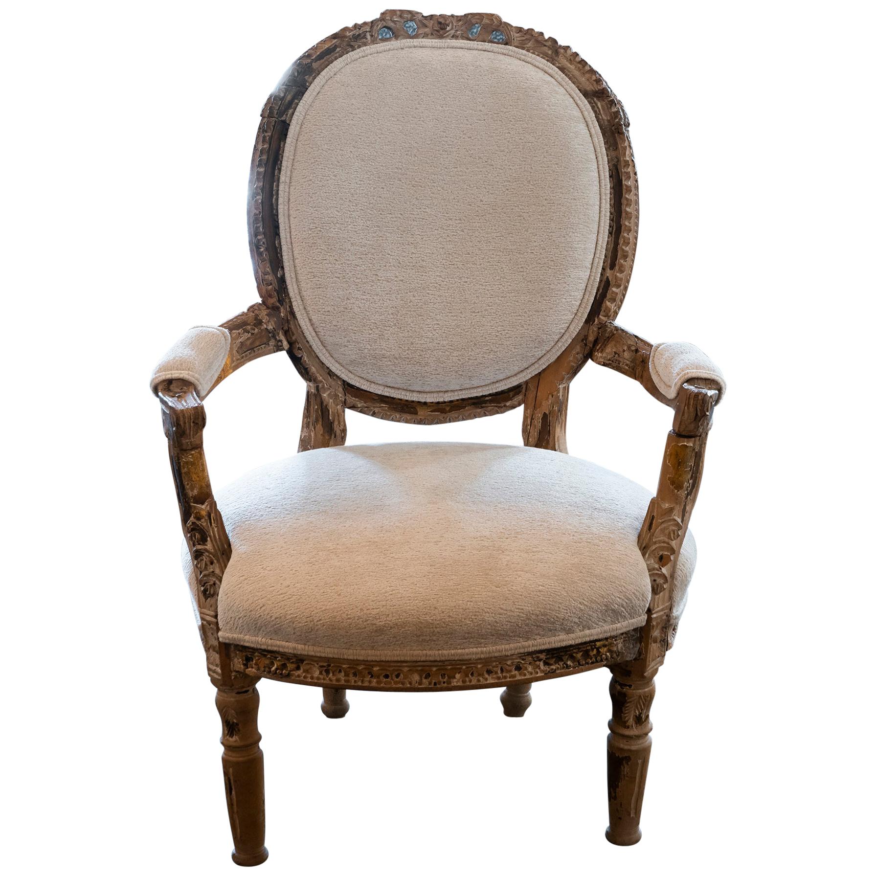 Early 20th Century French Carved Wood Armchair, Reupholstery Ivory Velvet