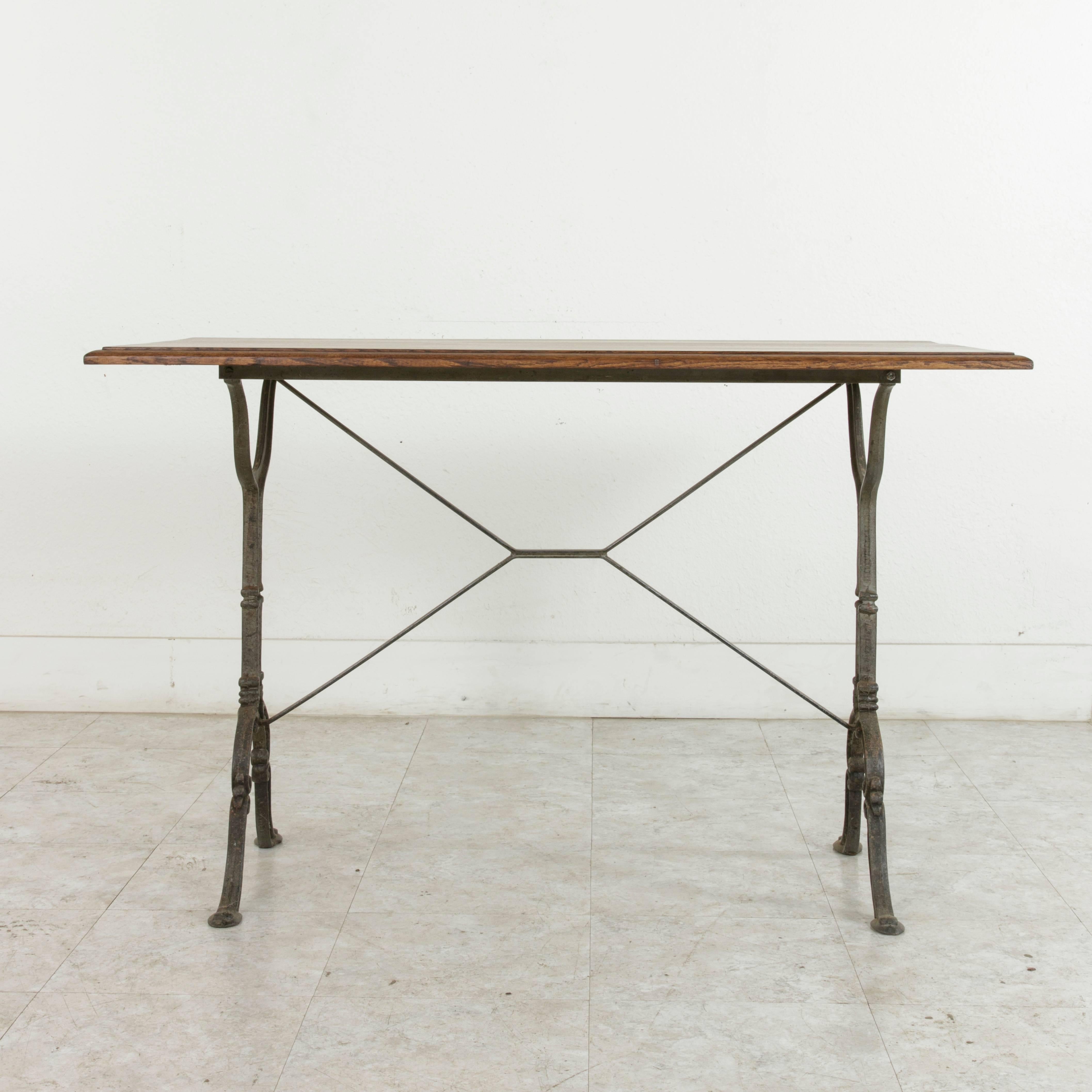 Early 20th Century French Cast Iron Bistro Table or Cafe Table with Oak Top 2