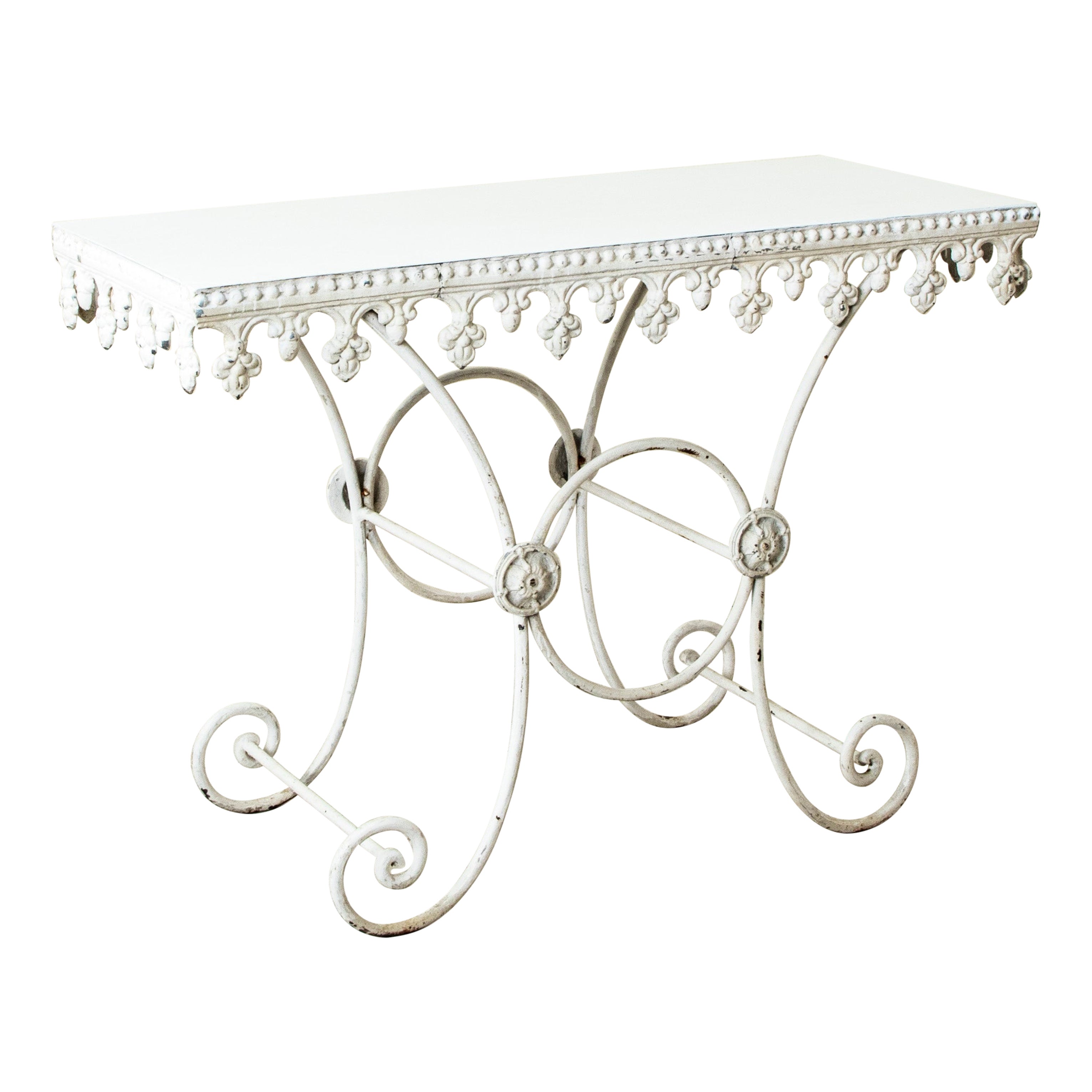 Mesa pastelera francesa de hierro fundido de principios del siglo XX, isla de cocina con tablero de metal en venta